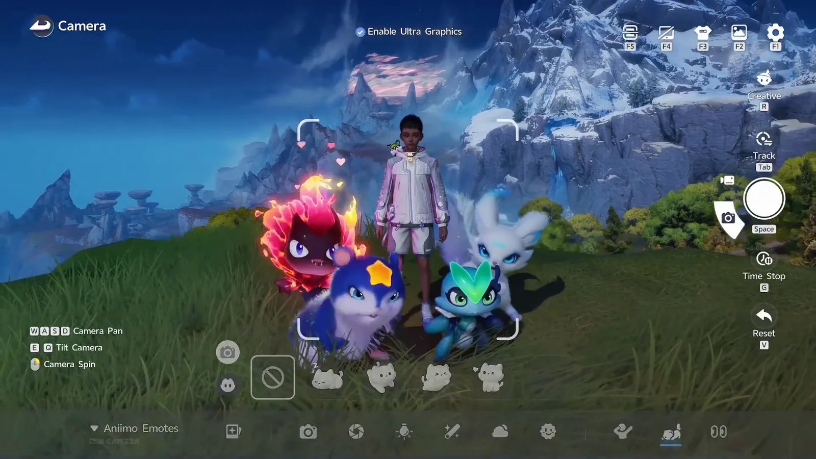 Four Aniimo arranged around the Pathfinder in Aniimo photo mode: Sparki, Celestis, Wisptis and Lunara in tall grass with snowy peaks behind