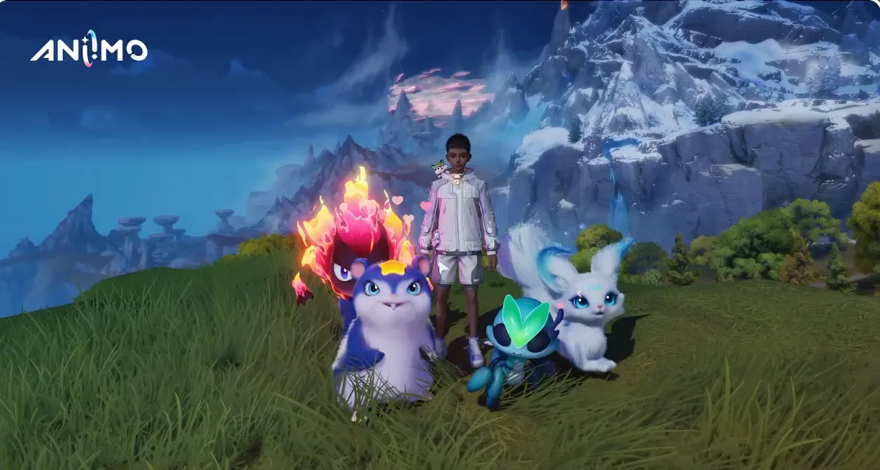A posed Aniimo group photo: Sparki, Celestis, Wisptis and Lunara emoting around the Pathfinder in grass, hearts rising over the group
