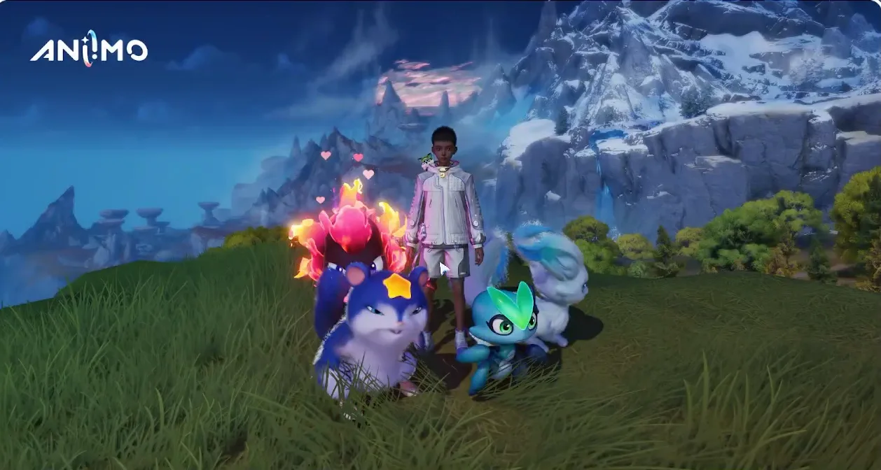 An Aniimo group photo: the Pathfinder standing in grass with Sparki, Celestis, Wisptis and Lunara, with snowy mountains and a pink cloud behind