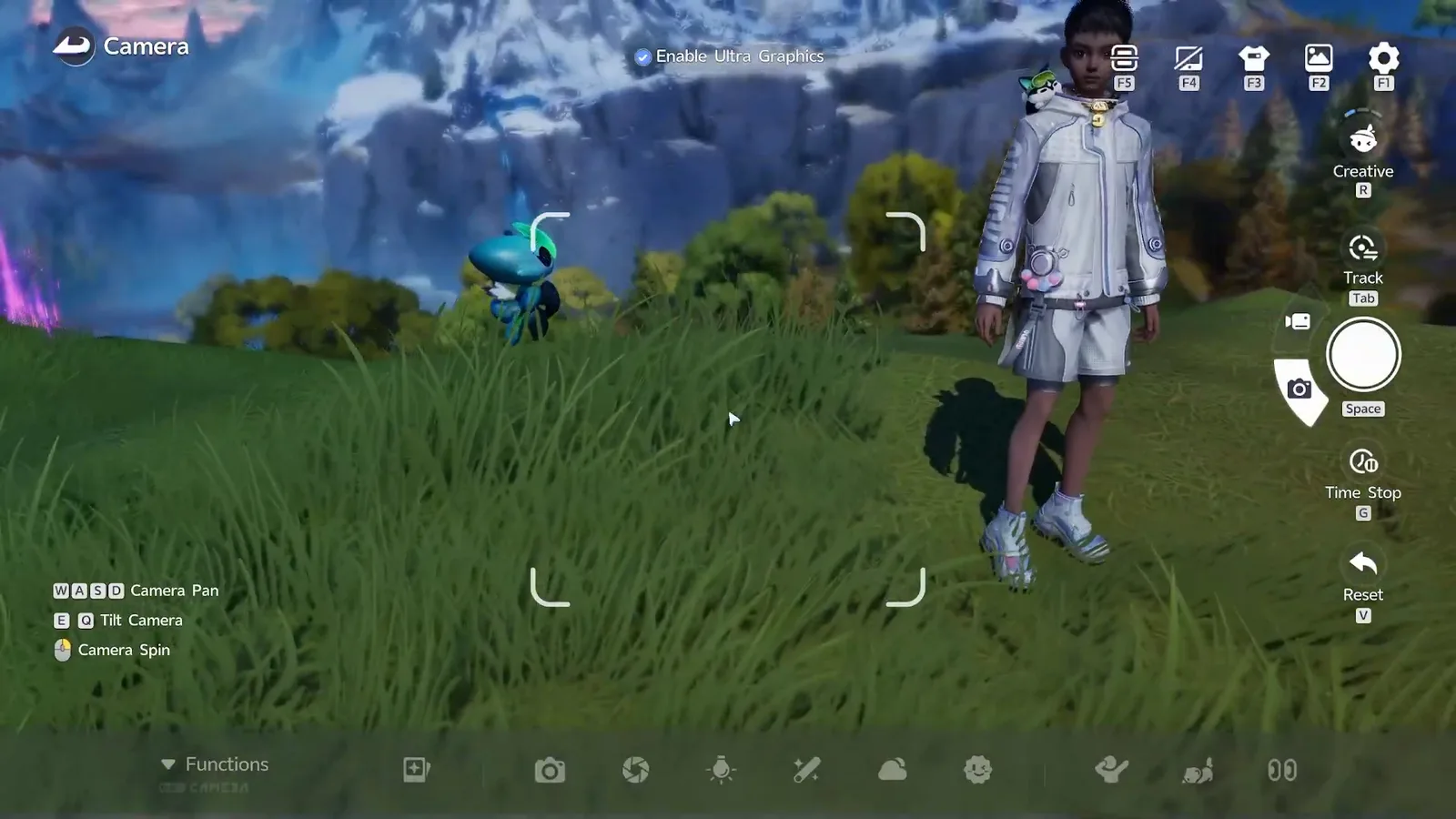 The Aniimo photo mode interface on first opening, with the Camera title, the Enable Ultra Graphics checkbox, the F1 to F5 icon row, the Creative, Track, shutter, Time Stop and Reset rail, and the WASD camera key map
