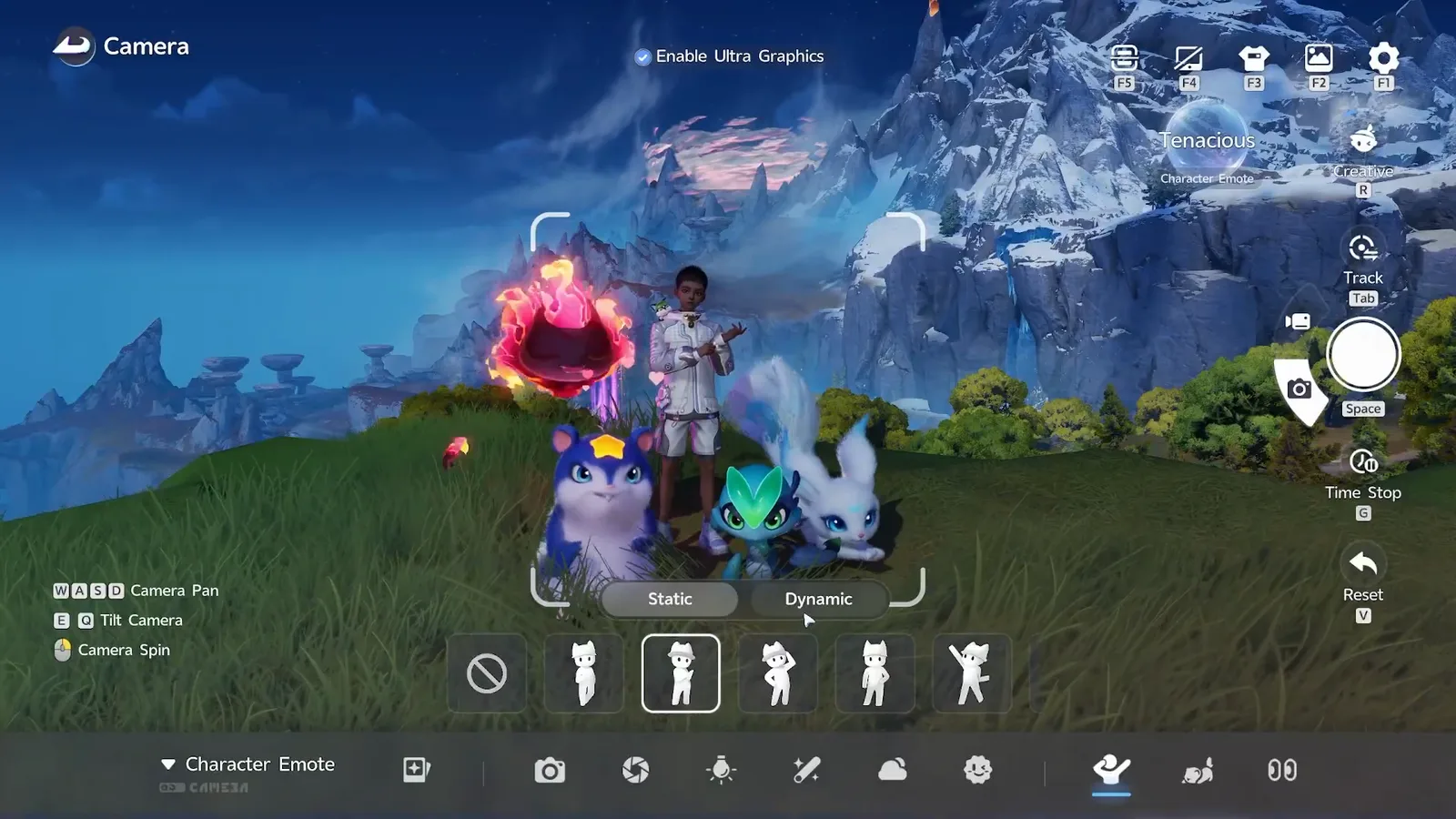 The Tenacious pose name shown in the Aniimo photo mode tooltip while the Pathfinder stands posed with four Aniimo in front of a mountain range