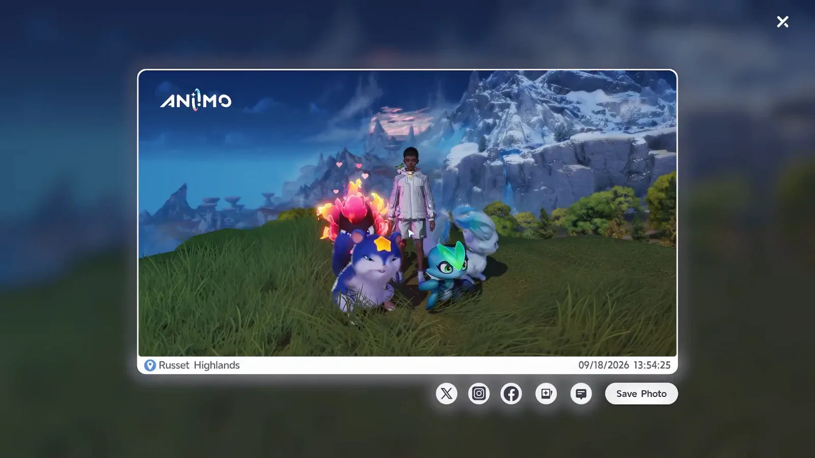 The Aniimo save photo screen: the group photo on a framed card reading Russet Highlands with a timestamp, share icons for X, Instagram and Facebook, and a Save Photo button