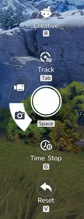 The Aniimo photo mode right hand rail: Creative on R, Track on Tab, the white shutter button on Space, Time Stop on G and Reset on V