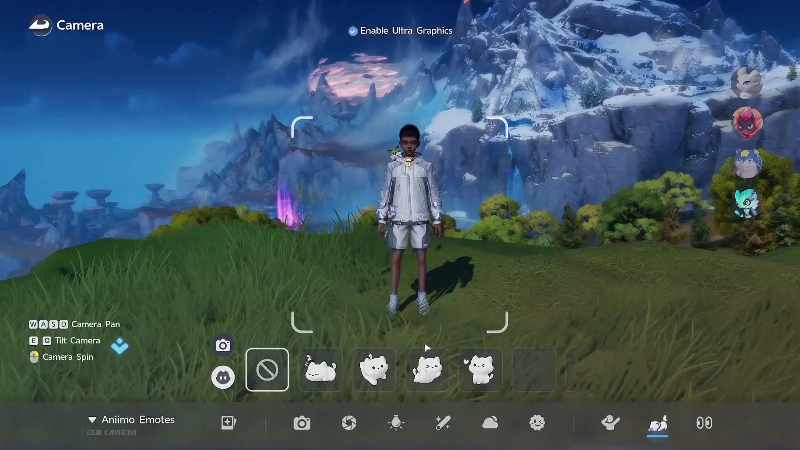 The Aniimo summon list in photo mode: four Aniimo portraits stacked down the right edge beside the Pathfinder standing alone in grass