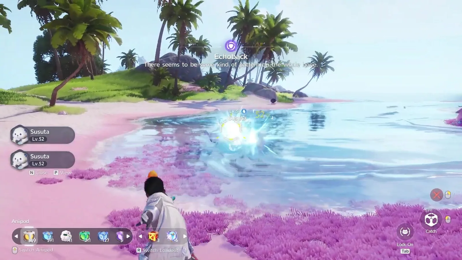 Aniimo Pathfinder throwing an Aniipod at a Lv.52 Susuta in the Echoback Landing shallows under the banner Echoback, There seems to be some kind of pattern on the whale bone