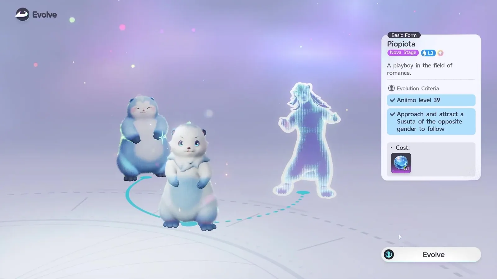Aniimo Evolve screen with the Piopiota branch now named, Nova Stage, Aniimo level 39 and Approach and attract a Susuta of the opposite gender to follow both ticked and Evolve active