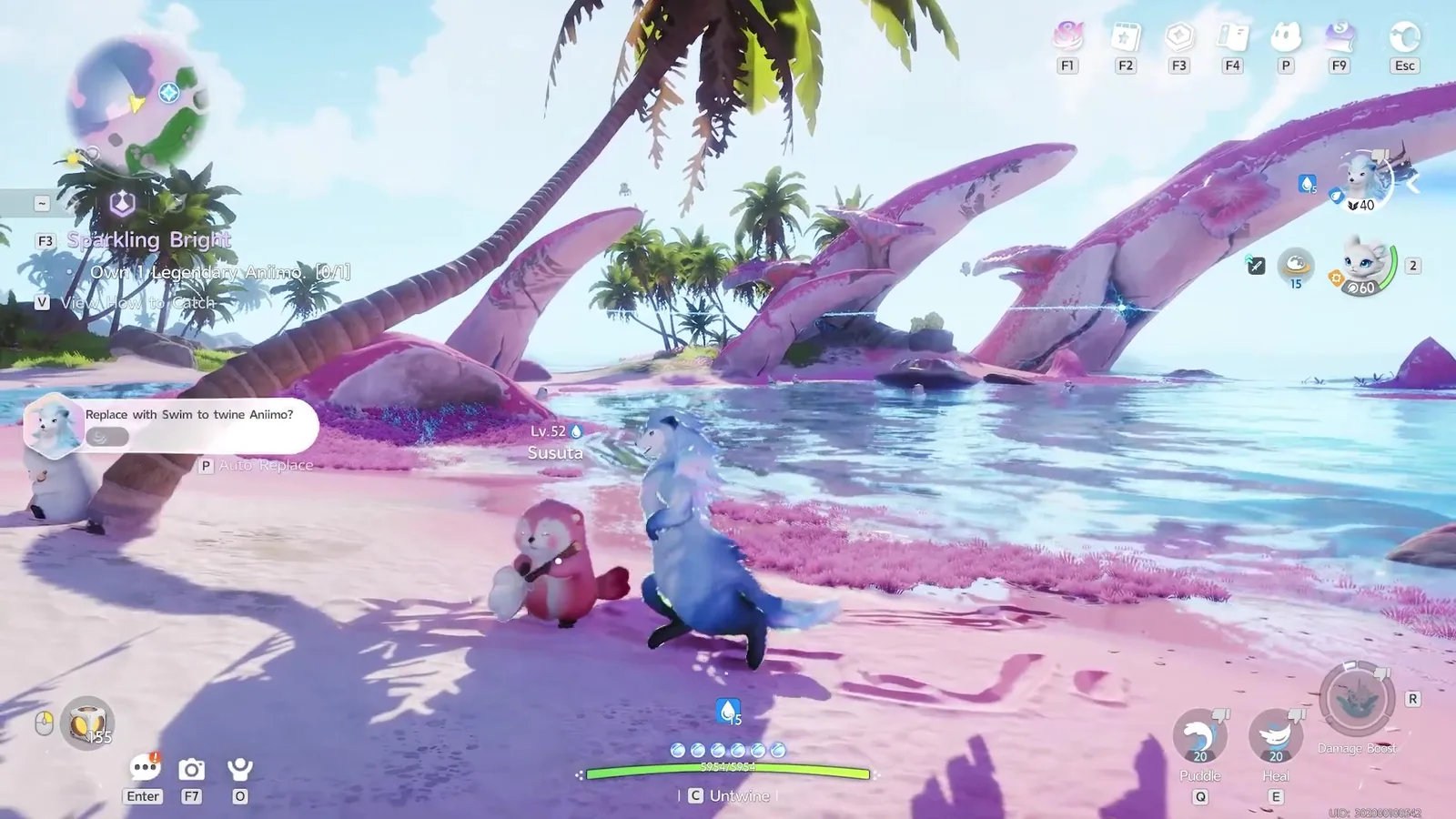 Aniimo prompt Replace with Swim to twine Aniimo? next to a freshly evolved Piopiota on an Echoback Landing beach, with P Auto Replace below it