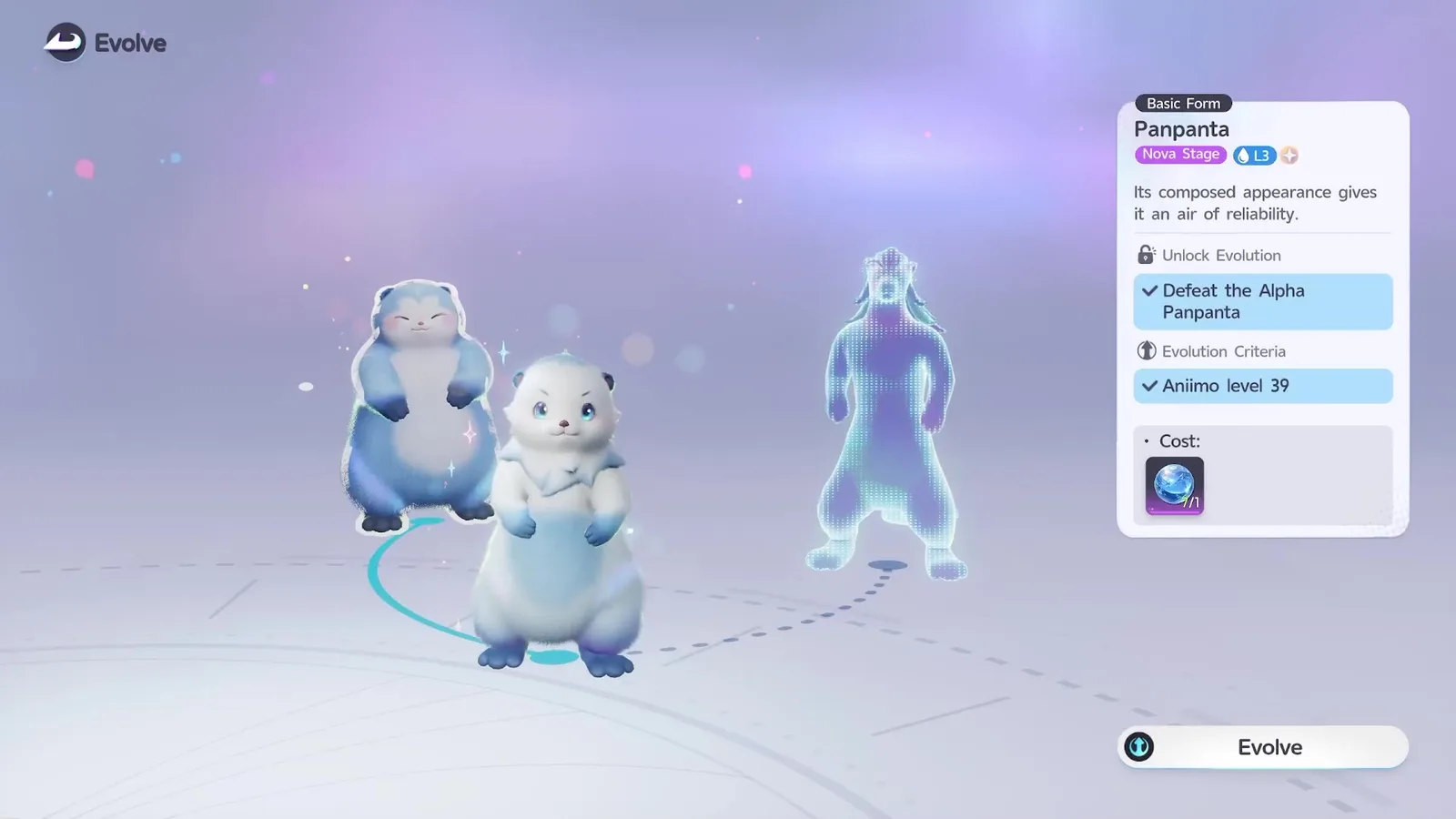 Aniimo Evolve screen for Popota with the Panpanta branch selected, Defeat the Alpha Panpanta and Aniimo level 39 both ticked and one Wave Stone as the cost