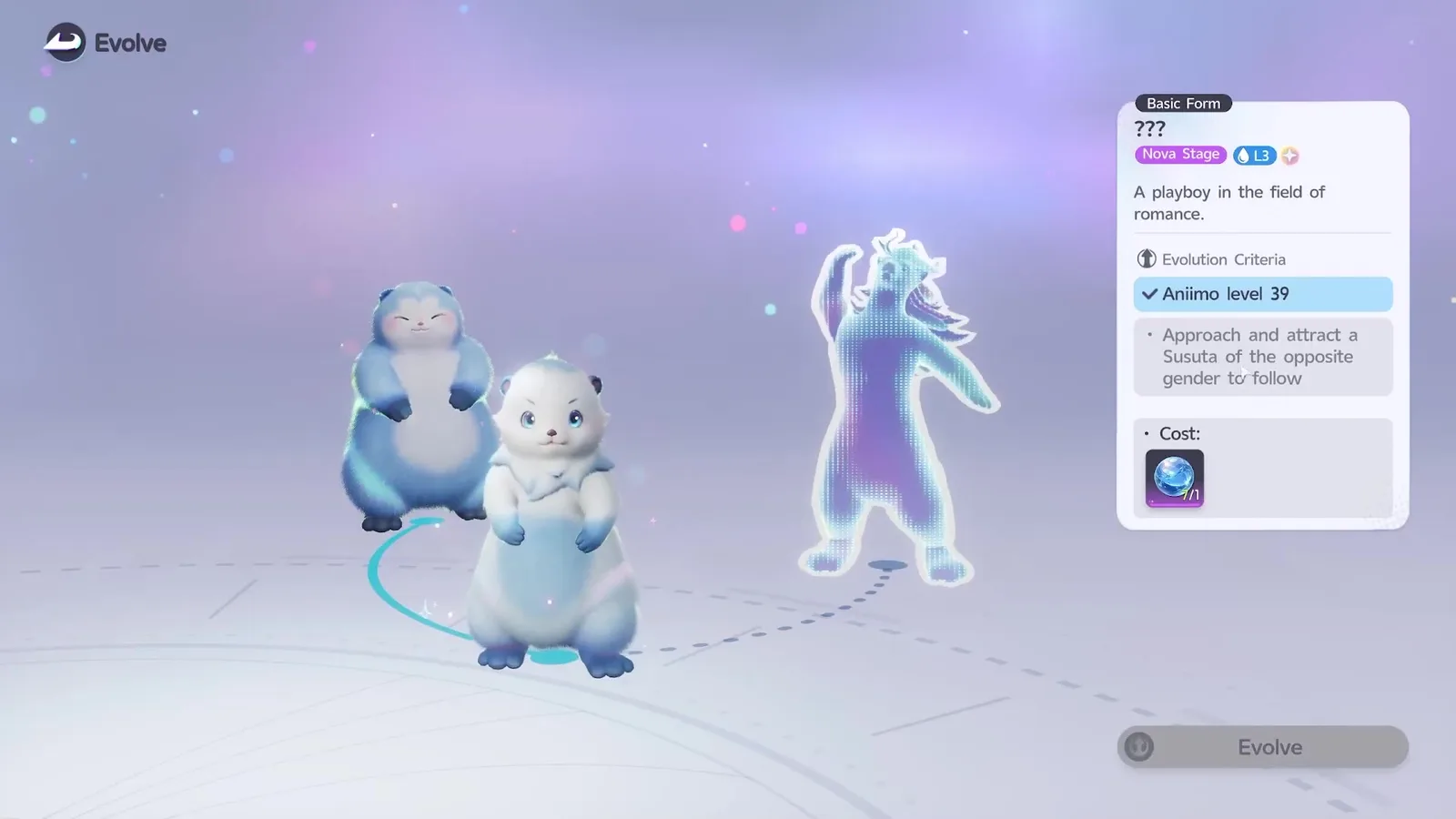 Aniimo Evolve screen with the Piopiota branch shown as ???, A playboy in the field of romance, Aniimo level 39 ticked and Approach and attract a Susuta of the opposite gender to follow unticked
