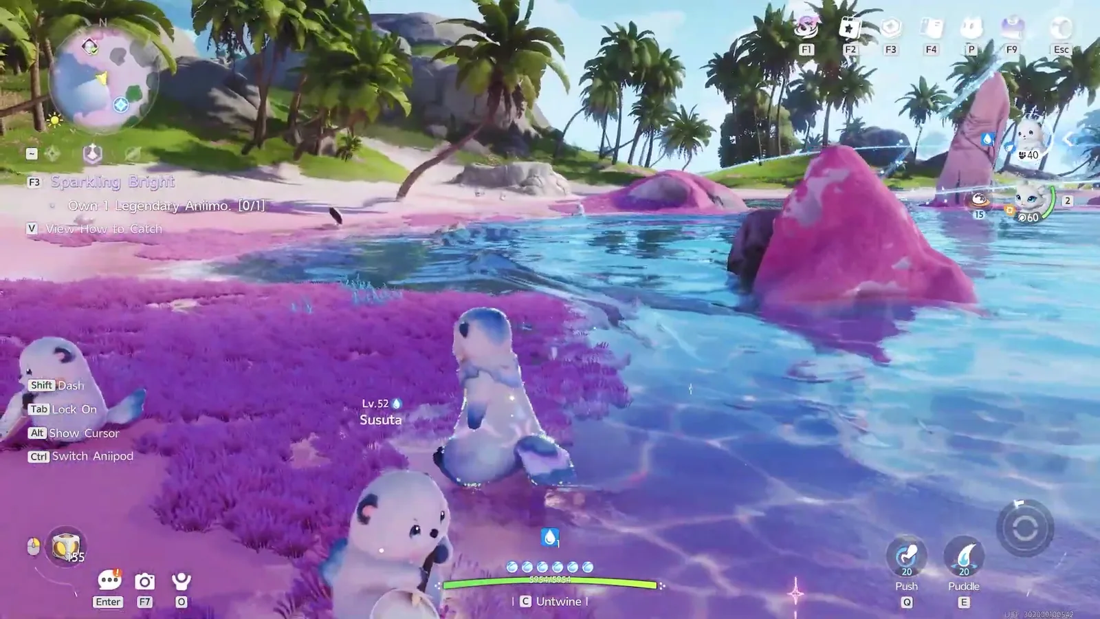 Aniimo Echoback Landing beach with the player twined as Popota a few steps from a wild Susuta tagged Lv.52, Push and Puddle on the skill bar and Untwine at the bottom