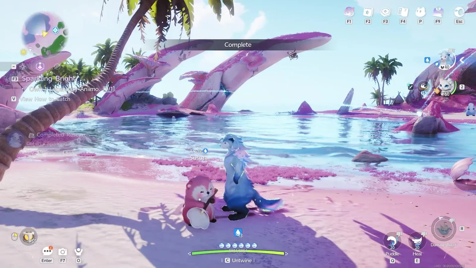 Aniimo twined Piopiota on the Echoback Landing beach beside a pink-furred Lv.52 Susuta, the skill bar reading Puddle, Heal and Damage Boost under a Complete banner