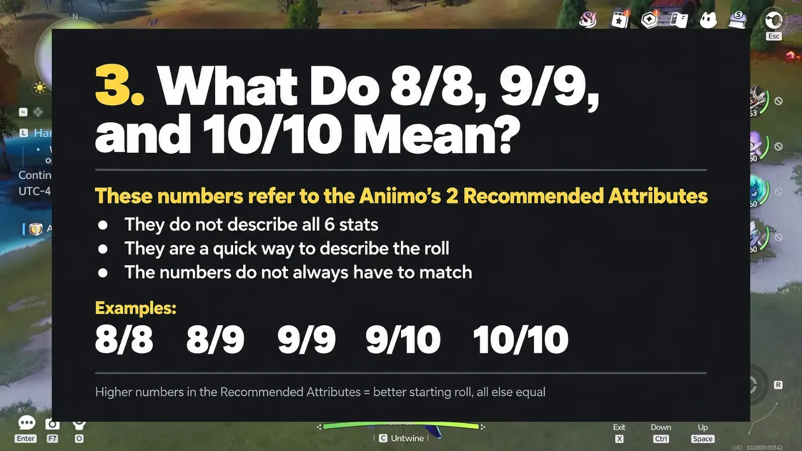 AniimoSync’s Aniimo explainer card: 8/8, 9/9 and 10/10 refer to the two Recommended Attributes, do not describe all six stats and need not match