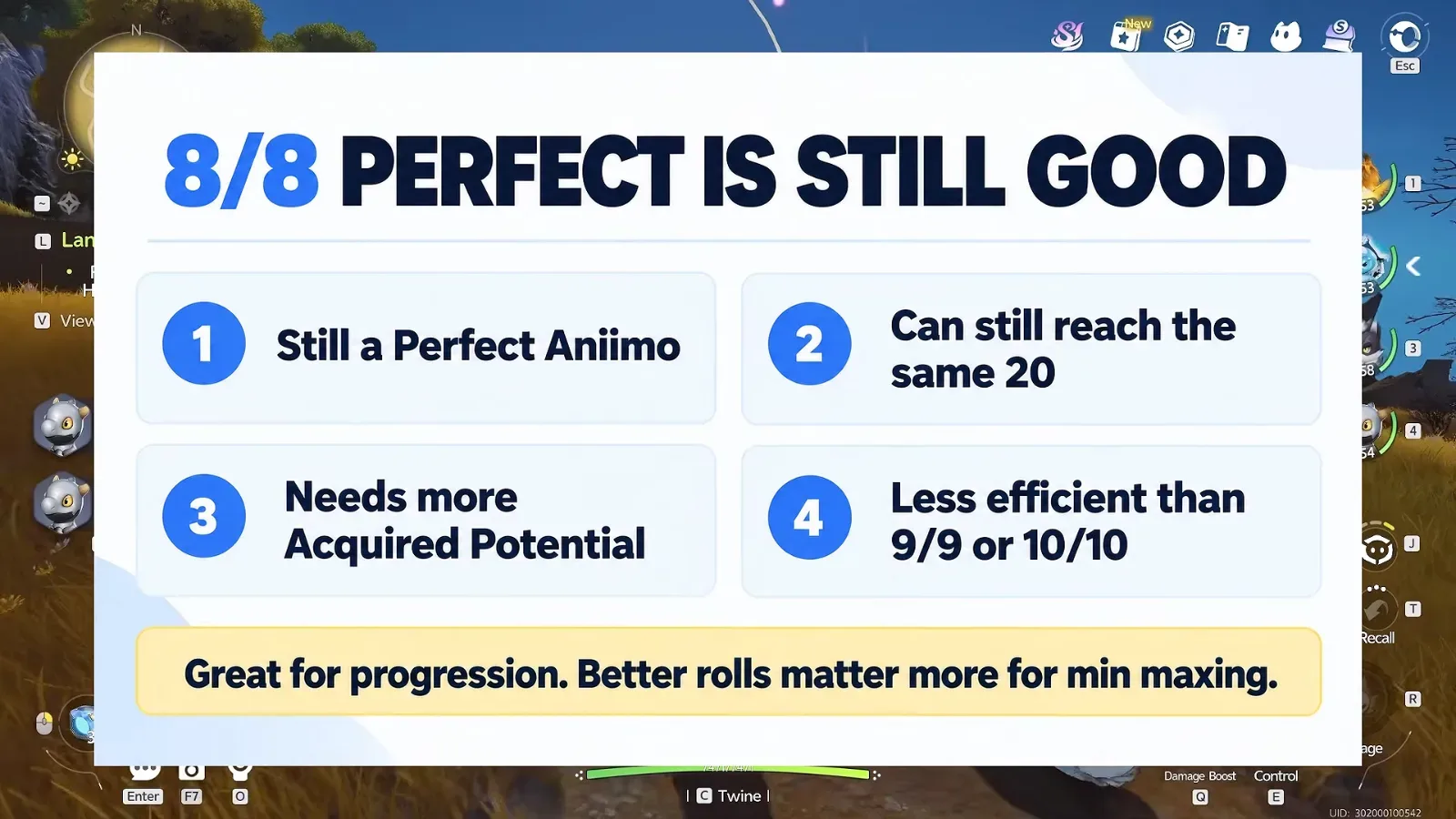AniimoSync’s Aniimo card 8/8 Perfect Is Still Good: still Perfect, can reach the same 20, needs more Acquired Potential, less efficient than 9/9 or 10/10