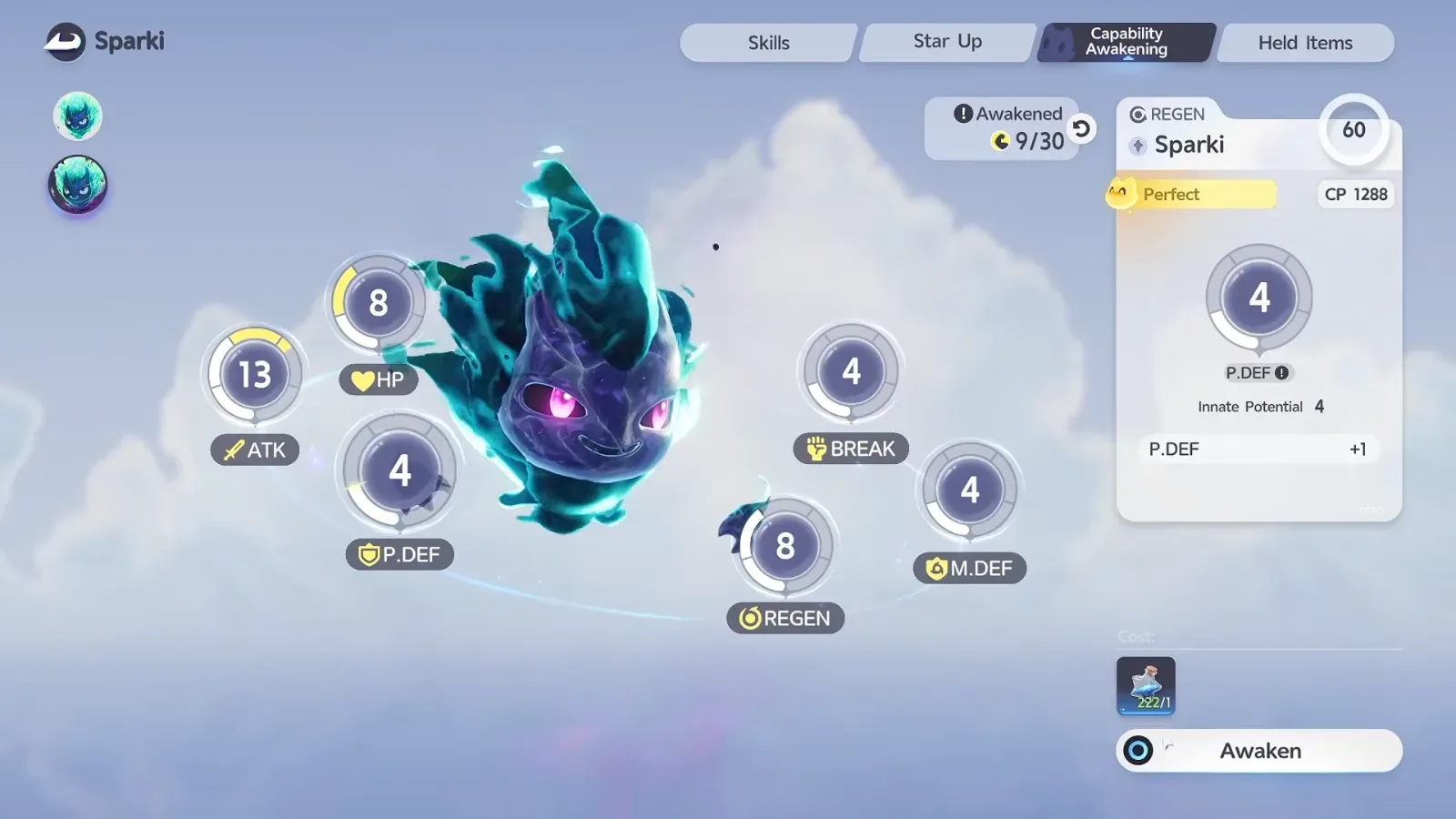 Aniimo Capability Awakening on Sparki at 9/30 with HP raised to 8, ATK at 13, CP 1288 and P.DEF selected with a one-item cost
