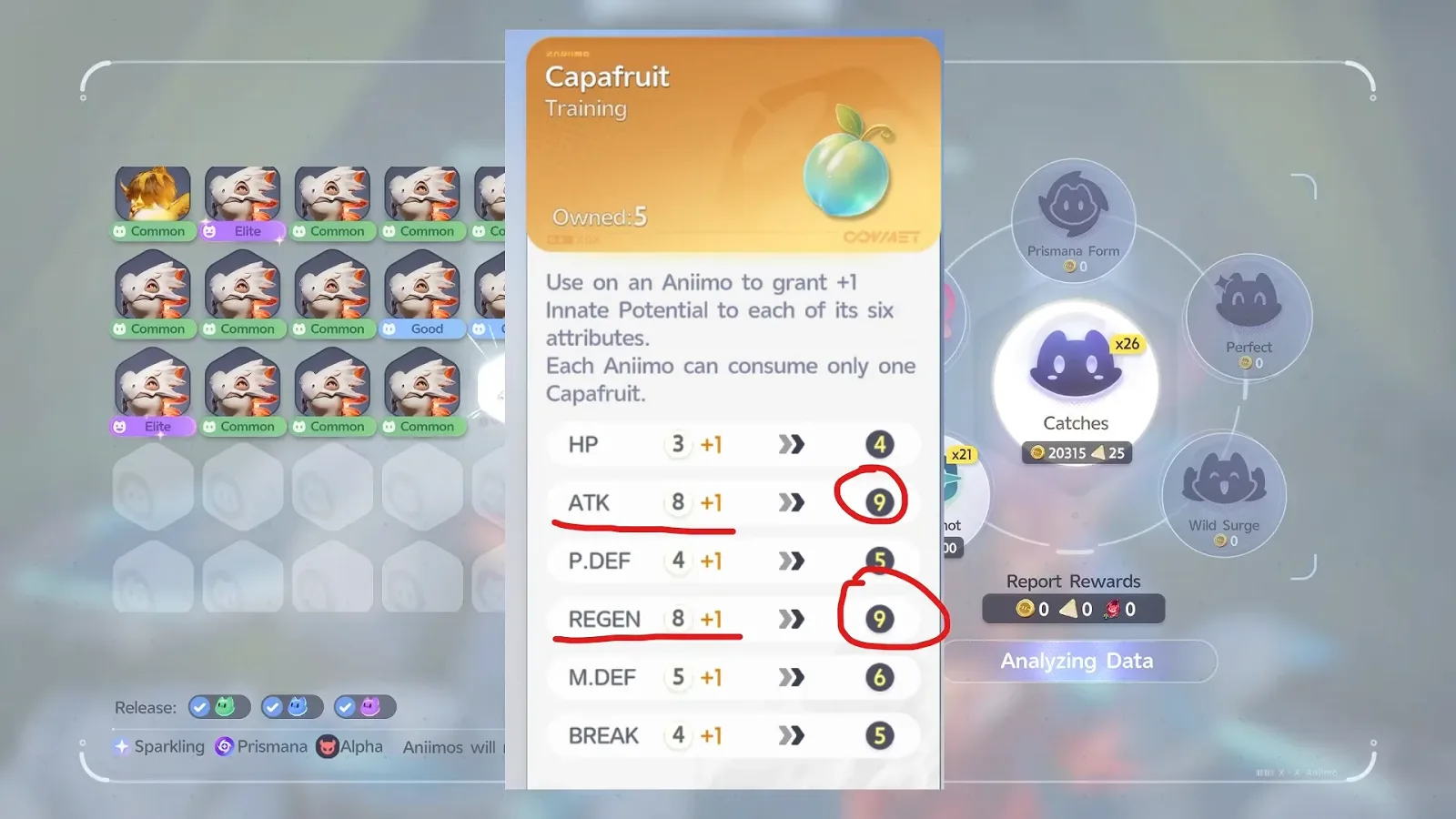 Aniimo Capafruit preview over the Research Console report: ATK 8 and REGEN 8 become 9, HP 3 to 4, P.DEF 4 to 5, M.DEF 5 to 6, BREAK 4 to 5