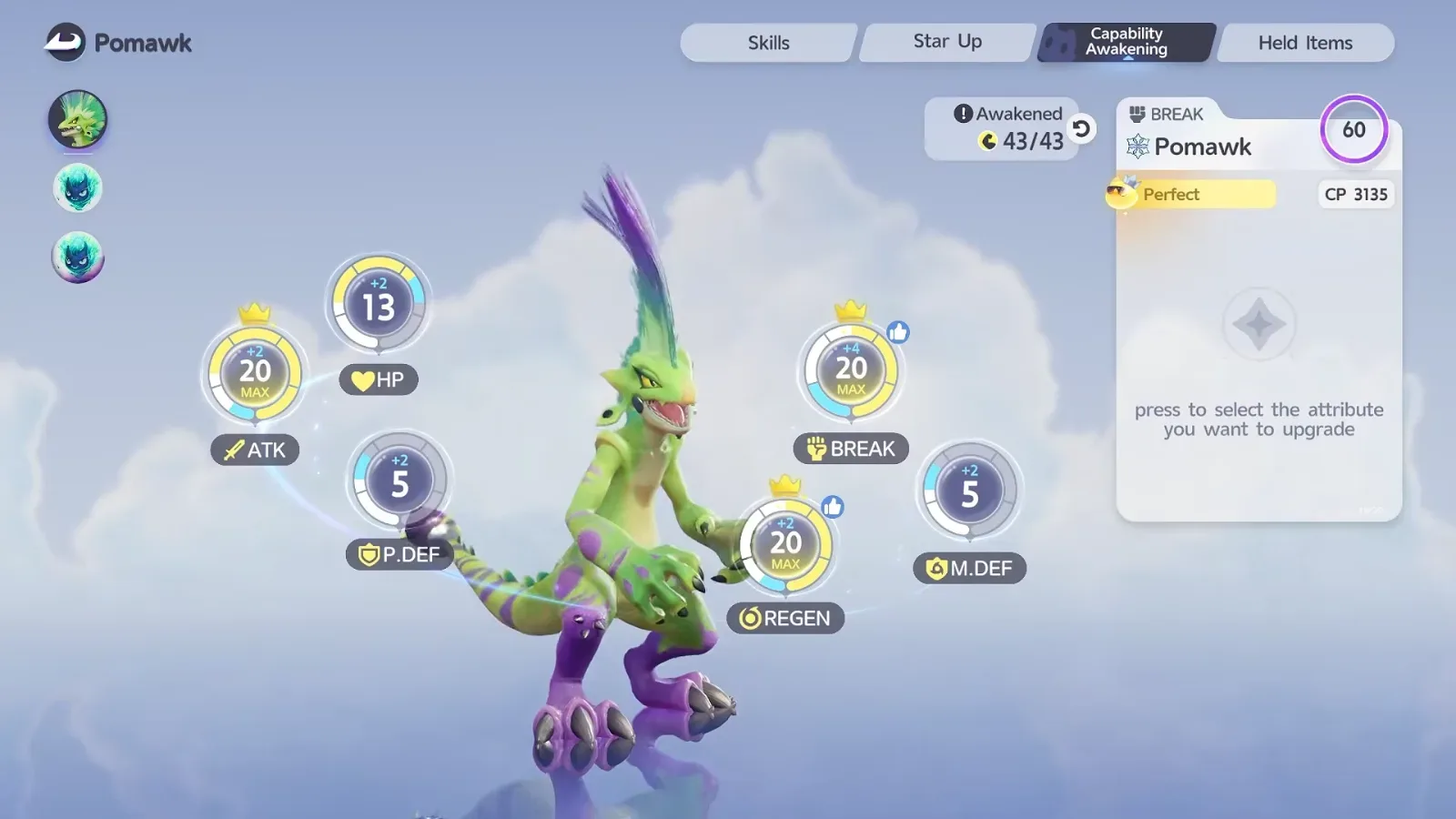 Aniimo Capability Awakening for a level 60 Perfect Pomawk at 43/43, ATK, BREAK and REGEN at 20 MAX under crowns, HP 13, P.DEF and M.DEF 5