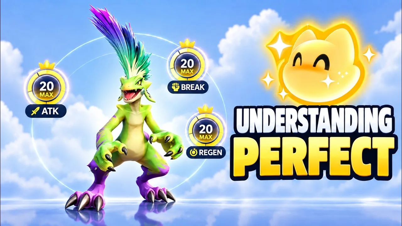 AniimoSync’s Aniimo Potential video card: Pomawk with ATK, BREAK and REGEN each at 20 MAX under gold crowns, beside a gold Perfect badge and the words Understanding Perfect