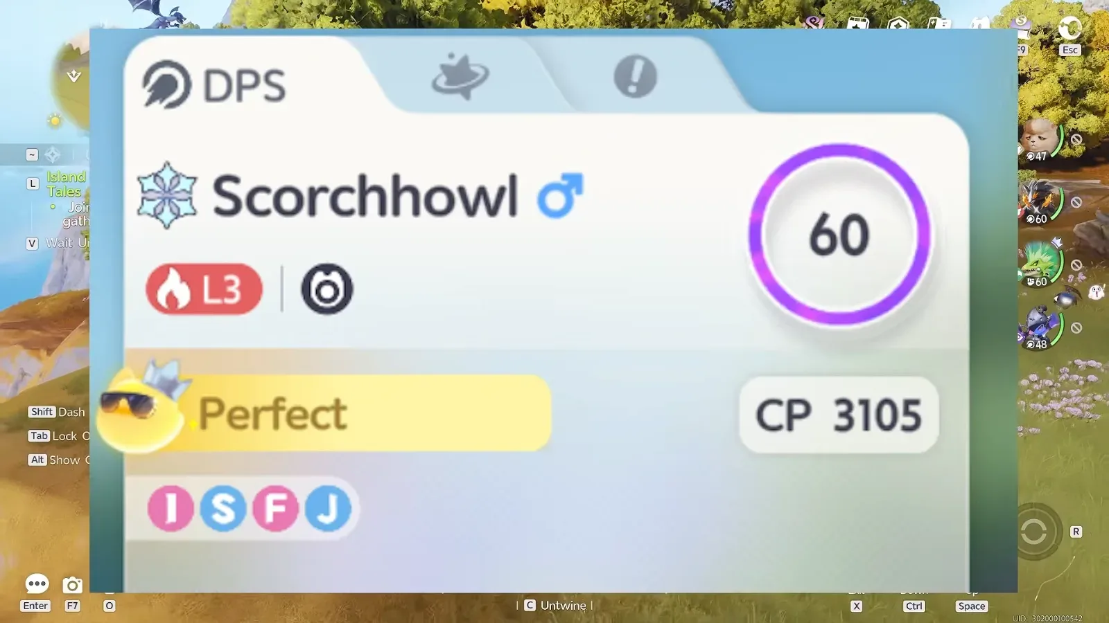 Aniimo card of a level 60 Scorchhowl, DPS, CP 3105, ISFJ, whose Perfect badge wears sunglasses and a small silver crown