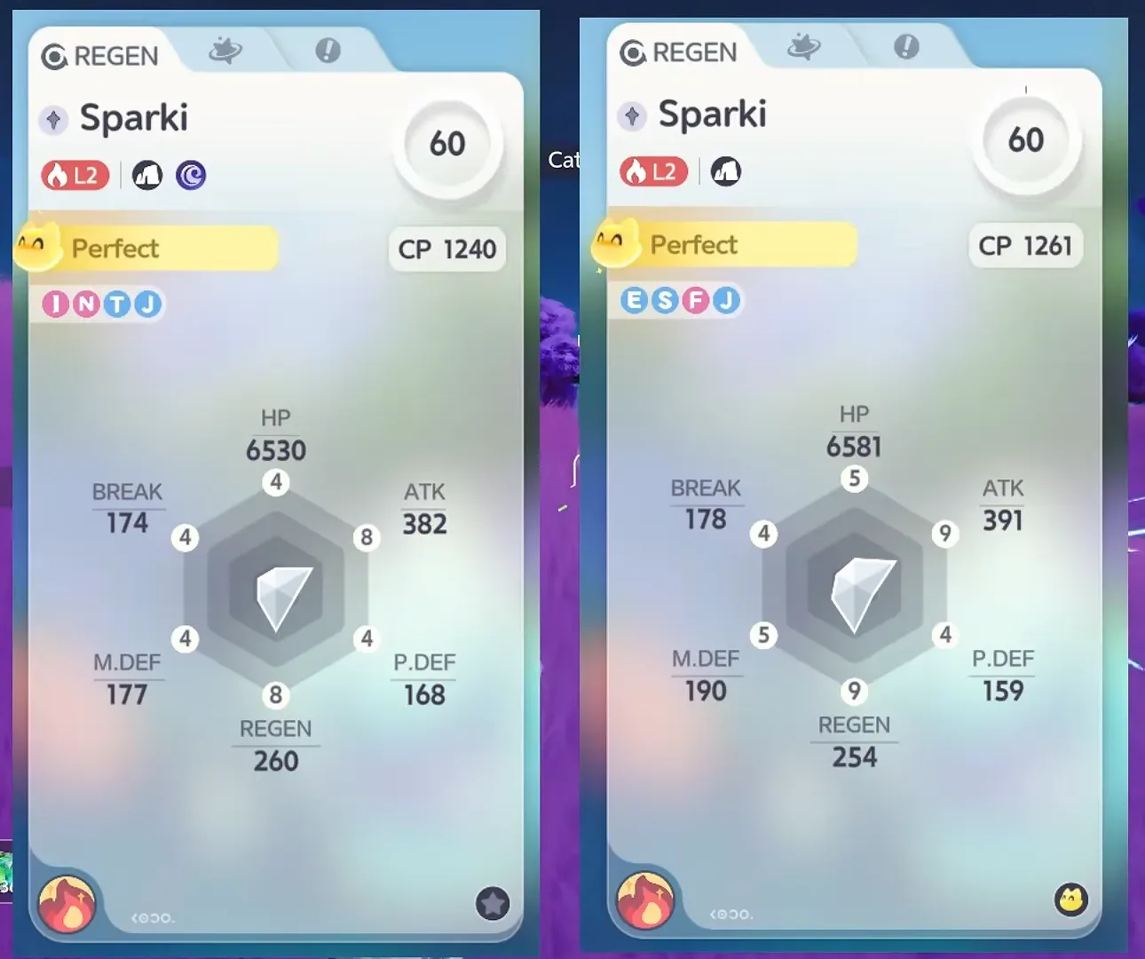Two level 60 Perfect Sparki cards in Aniimo, an INTJ 8/8 at CP 1240 and an ESFJ 9/9 at CP 1261, each with its six-stat Potential hexagon