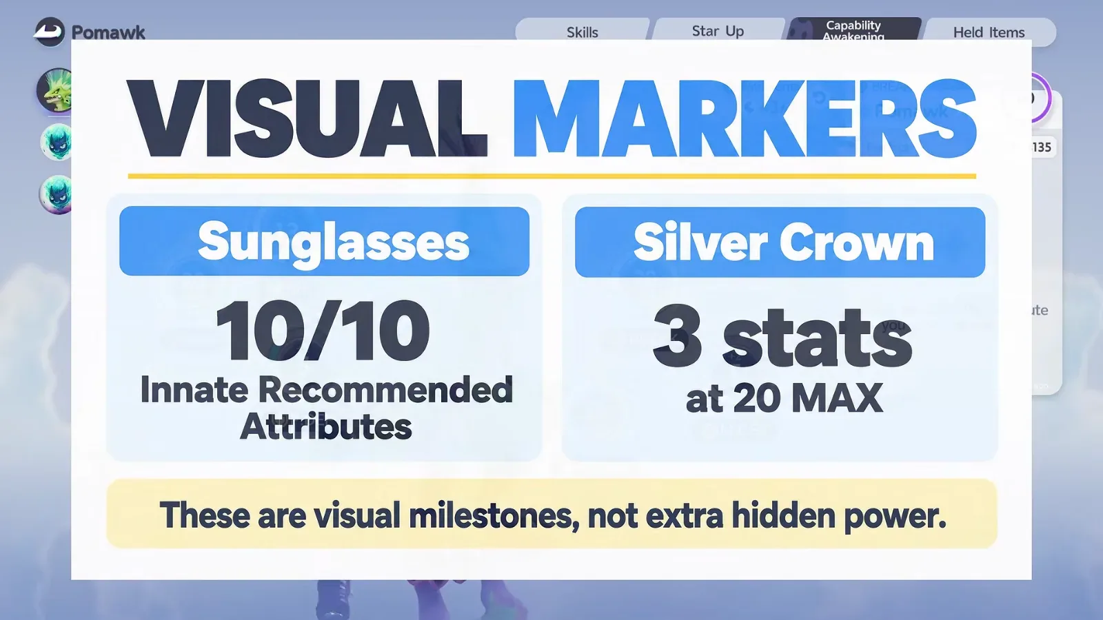 AniimoSync’s Aniimo Visual Markers card: sunglasses for 10/10 Innate Recommended Attributes, silver crown for three stats at 20 MAX