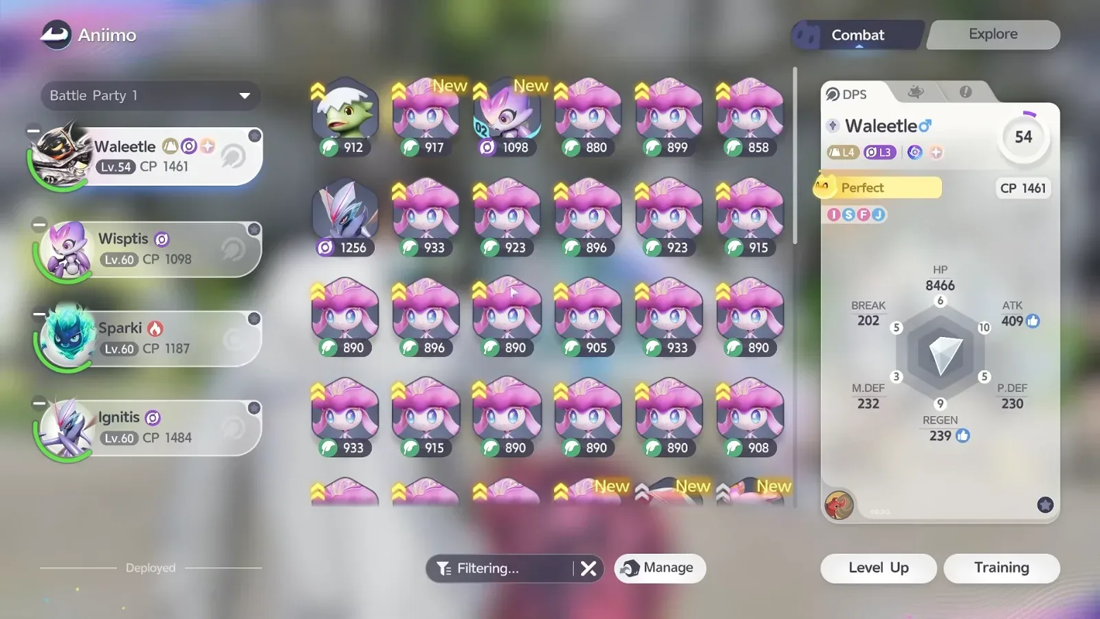 Aniimo Management with a level 54 Perfect Waleetle, Potential 10 on ATK and 9 on REGEN, each marked with a thumbs-up for Recommended Attribute