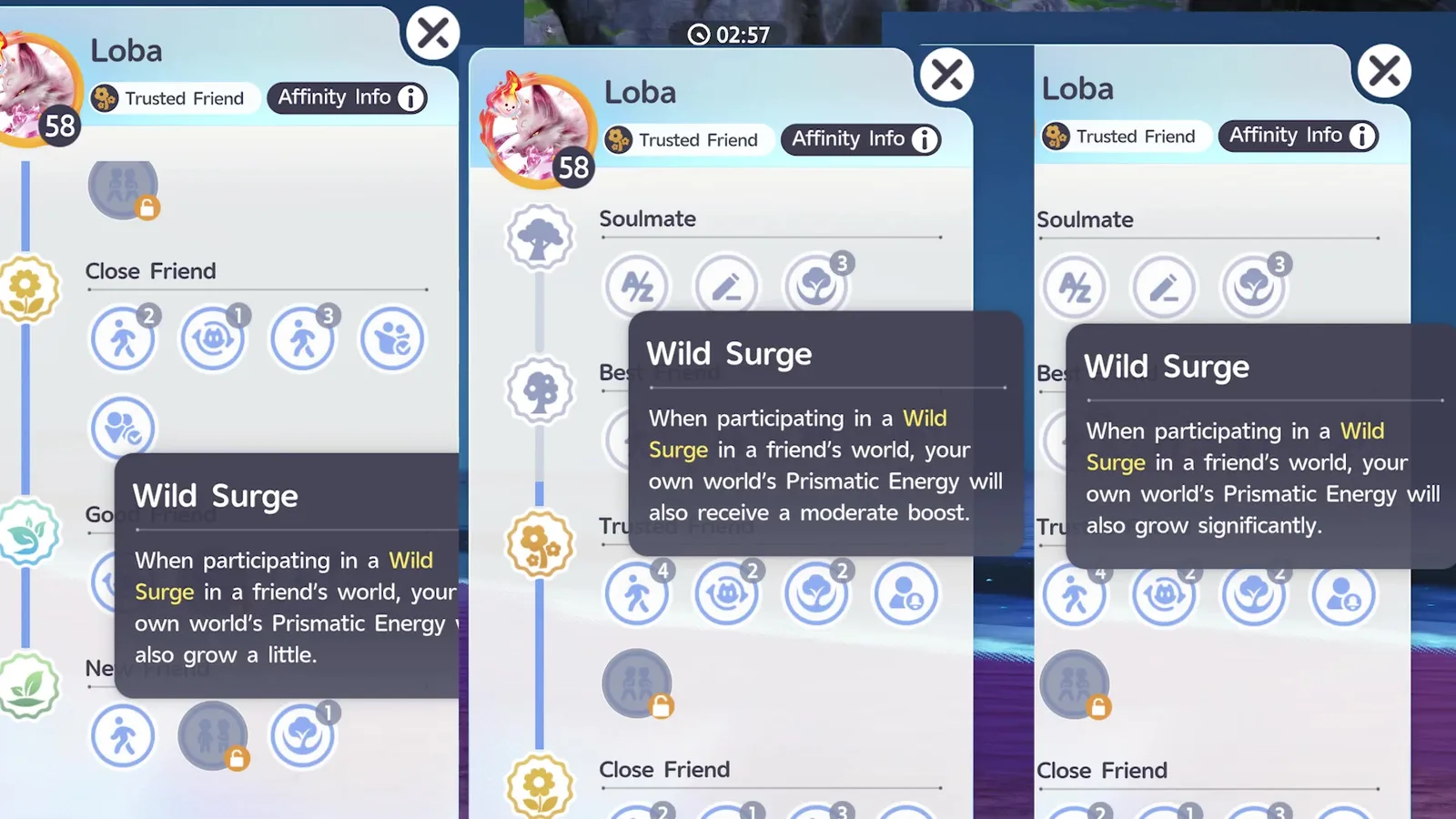 Aniimo friend Affinity tiers for Loba with three Wild Surge perks, Prismatic Energy grows a little, a moderate boost, then significantly
