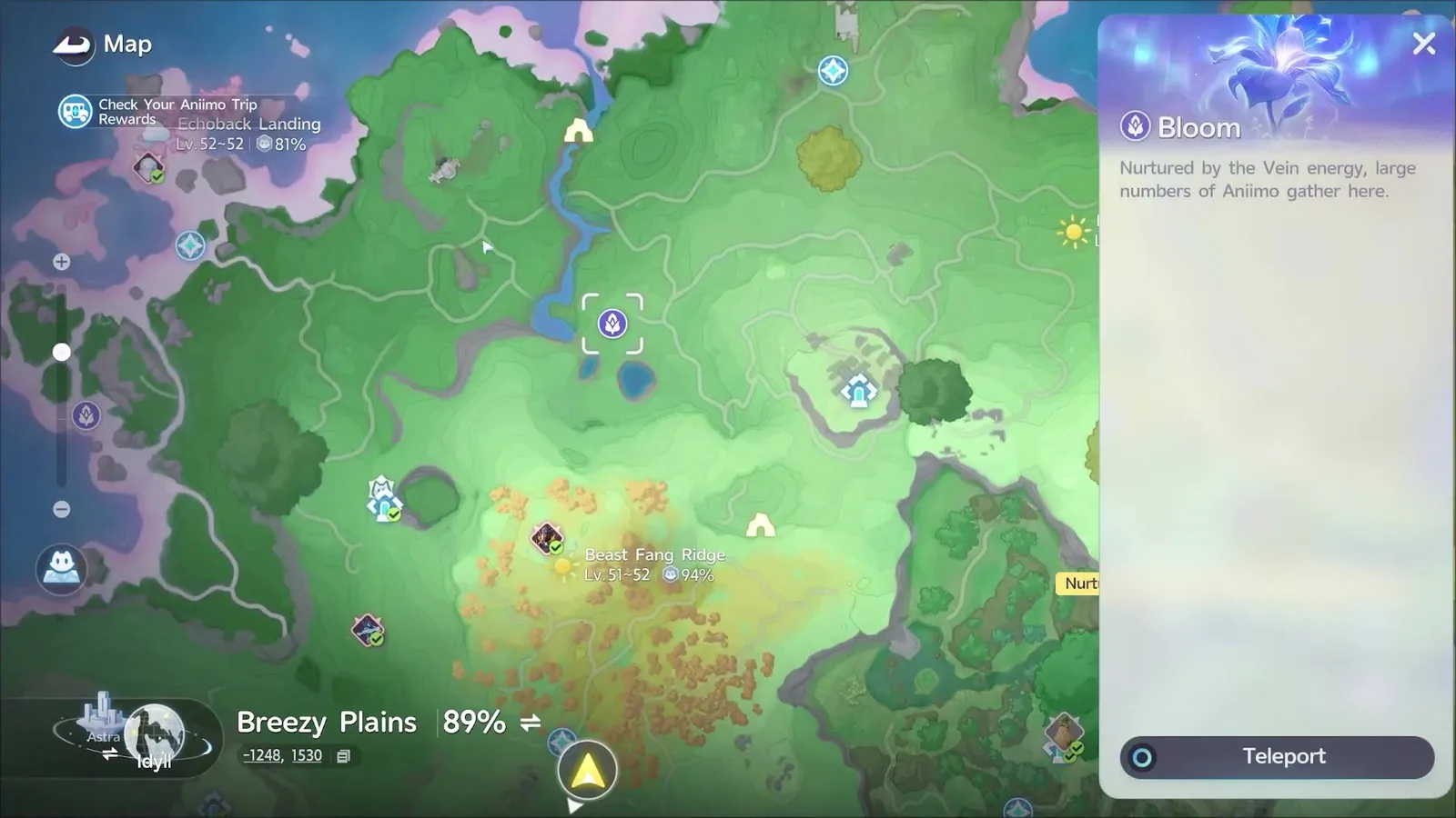 Aniimo Bloom marker in Beast Fang Ridge selected on the zoomed map, panel reading Nurtured by the Vein energy, large numbers of Aniimo gather here, with Teleport