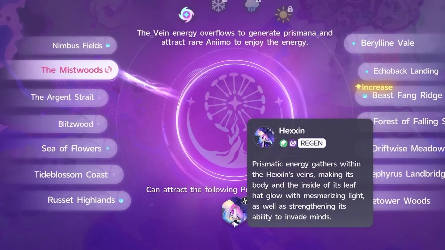 Aniimo Change Weather screen on The Mistwoods with a Prismana Flow ready to attract Hexxin, whose card describes Prismatic energy glowing in its veins
