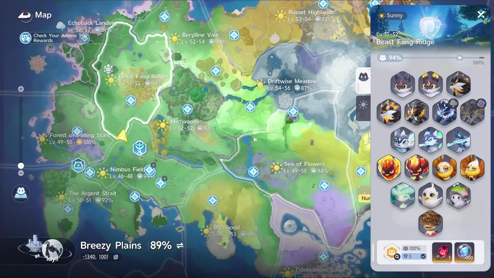 Aniimo map of Breezy Plains with the Beast Fang Ridge border highlighted and its panel showing 94% Aniimo collection progress