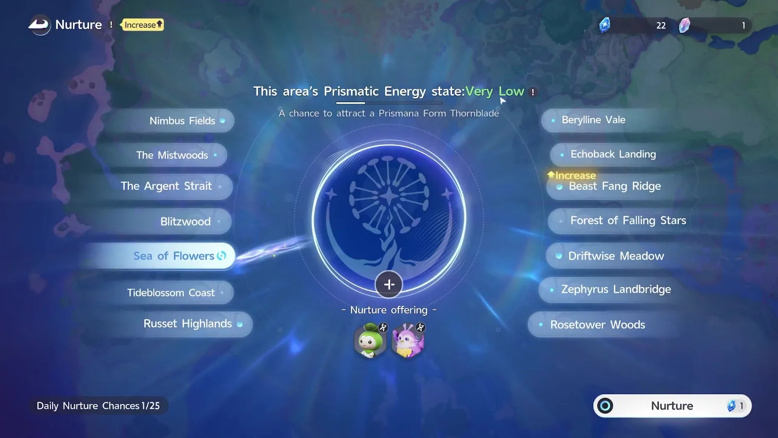 Aniimo Nurture screen with Sea of Flowers at Very Low Prismatic Energy and a chance to attract Prismana Form Thornblade