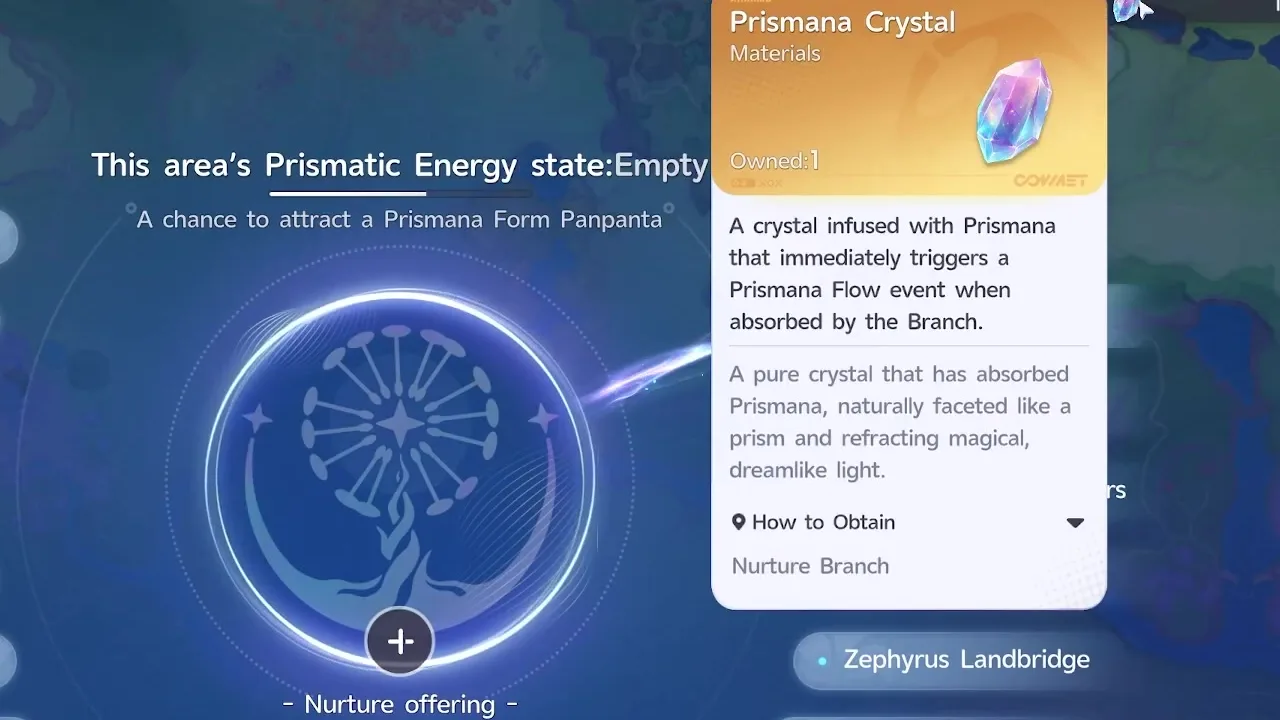 Aniimo Prismana Crystal tooltip, a crystal that immediately triggers a Prismana Flow event when absorbed by the Branch, obtained from the Nurture Branch