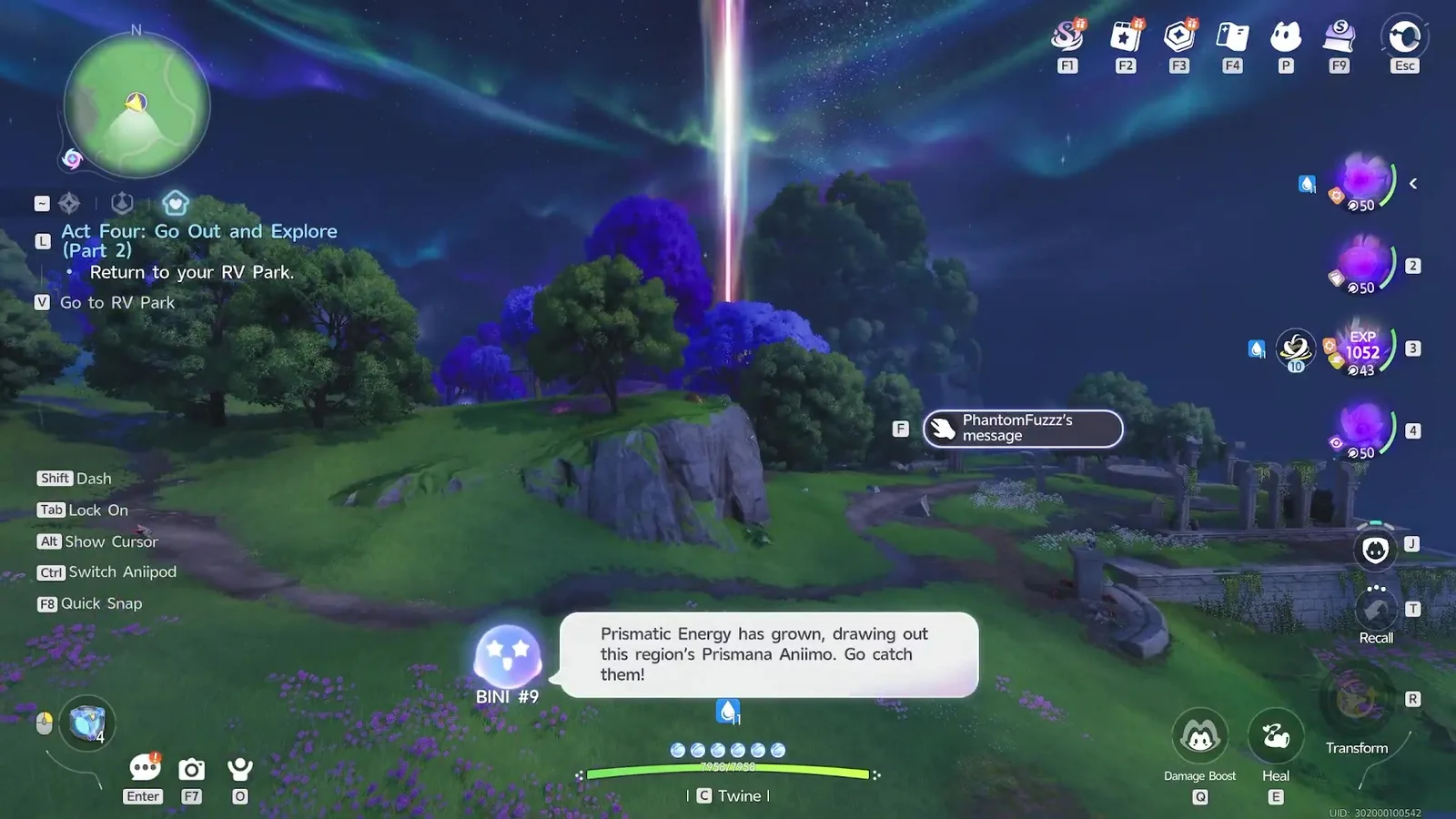Aniimo Prismana Flow light pillar over the Forest of Falling Stars with the message Prismatic Energy has grown, drawing out this region’s Prismana Aniimo