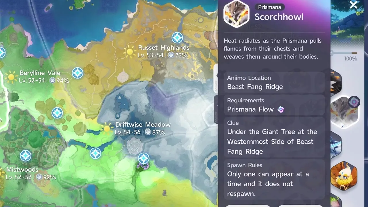 Prismana Scorchhowl map card in Aniimo, Beast Fang Ridge, clue Under the Giant Tree at the Westernmost Side, spawn rule only one at a time and no respawn
