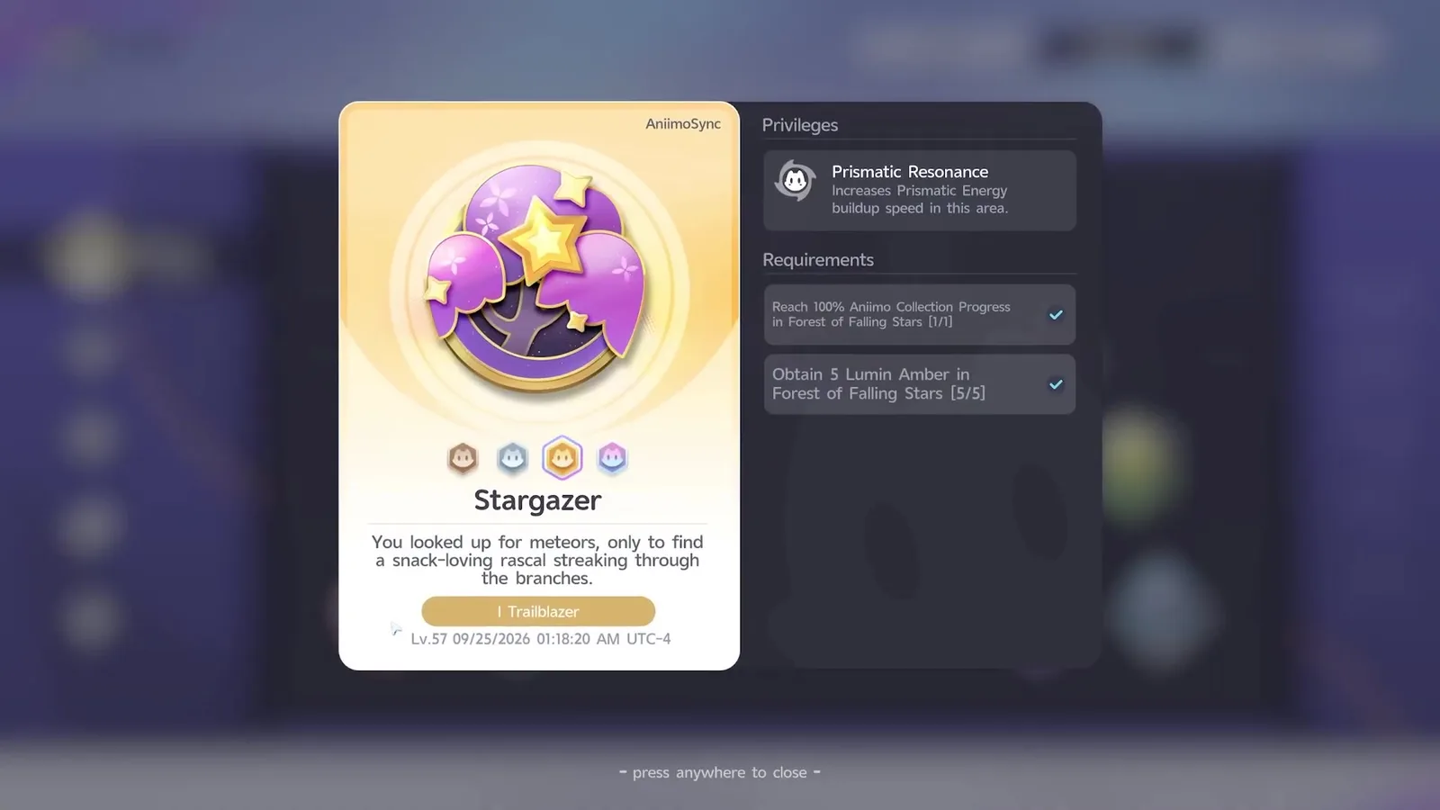 Stargazer Gold badge for the Forest of Falling Stars in Aniimo, Prismatic Resonance privilege, earned with 100% collection and 5 Lumin Amber