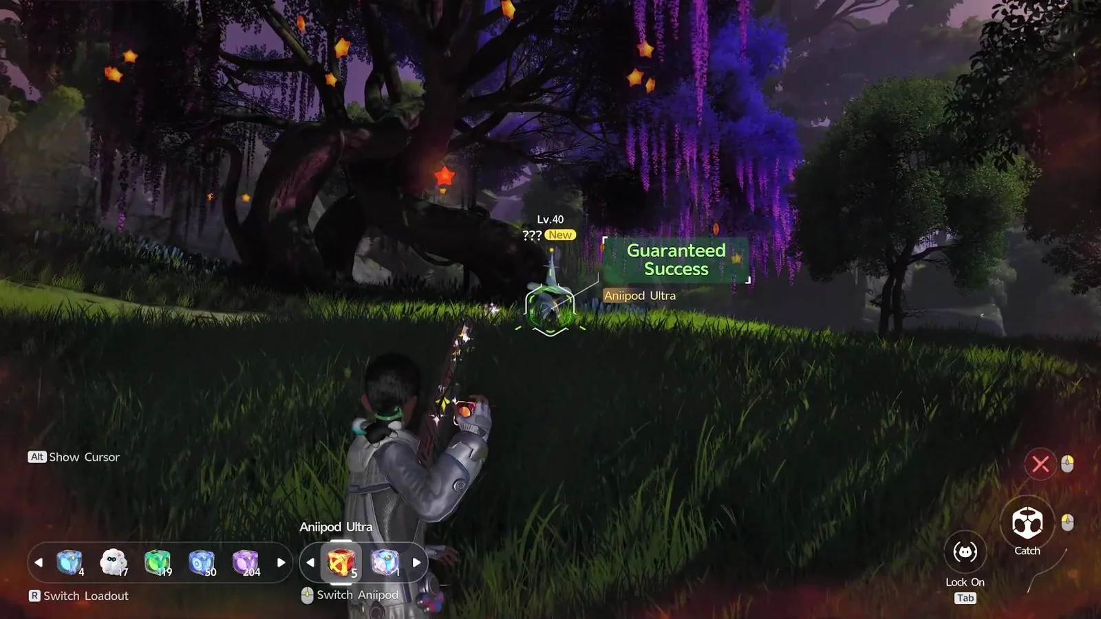 Aniimo catch on the new Prismana Stellarys, shown as ??? Lv.40, with an Aniipod Ultra selected and Guaranteed Success