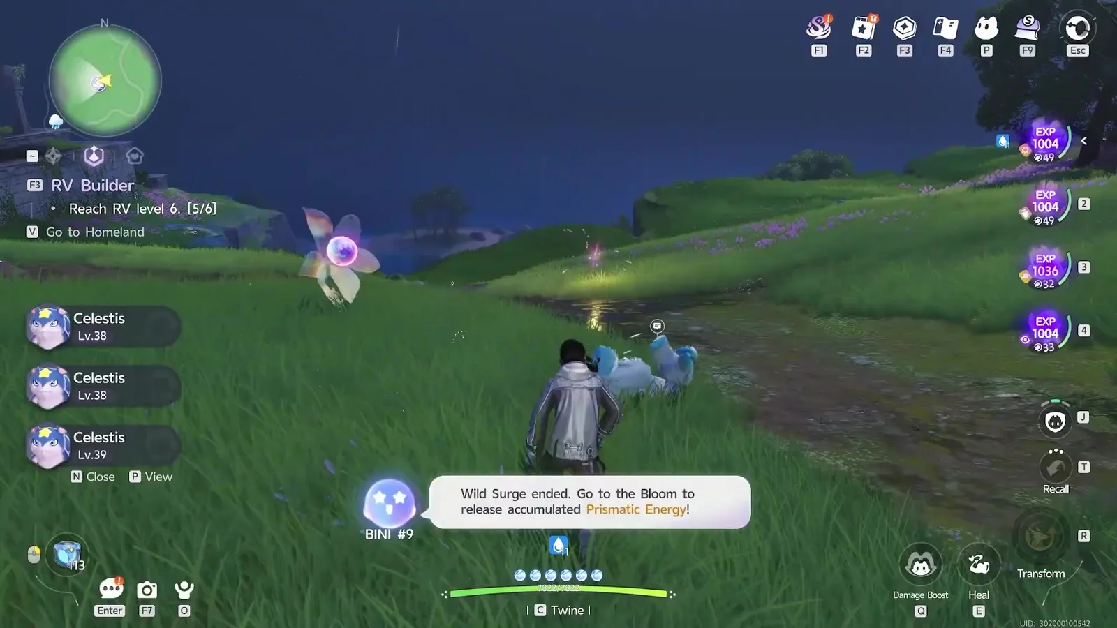Aniimo Wild Surge ended message telling the player to go to the Bloom to release accumulated Prismatic Energy, with three Celestis caught