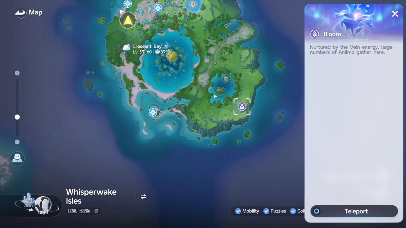 The Whisperwake Isles map with the Crescent Bay Bloom selected south-east of the lagoon, its panel reading Nurtured by the Vein energy, large numbers of Aniimo gather here, and a Teleport button