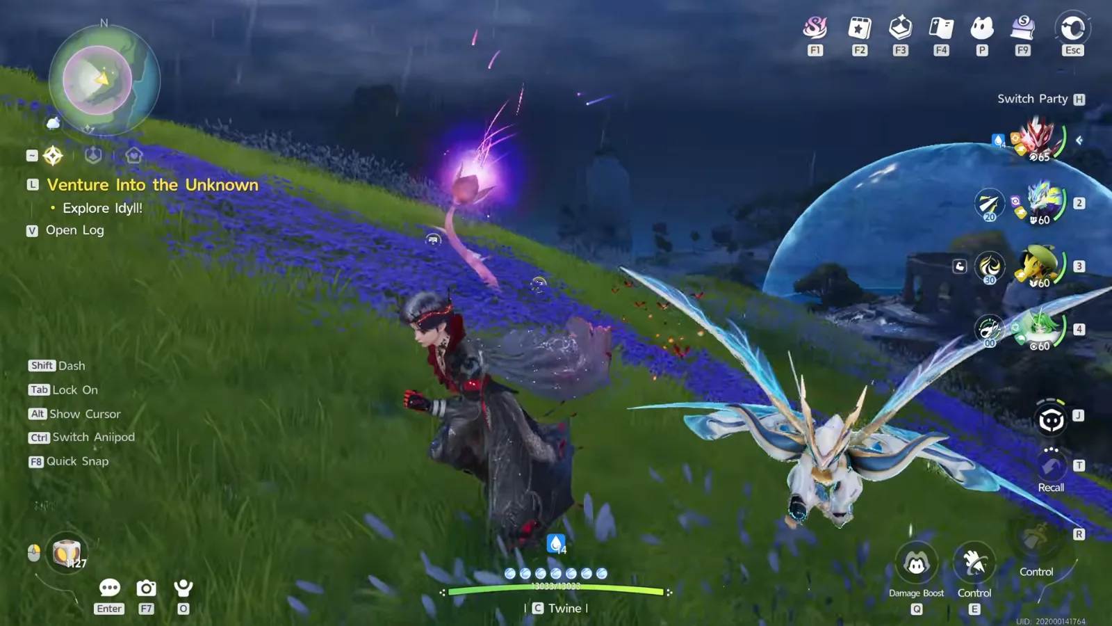 Lex in Aniimo beside the Crescent Bay Bloom, a pink flower glowing violet on a hillside of blue flowers, his Aniimo flying beside him and the lagoon dome behind