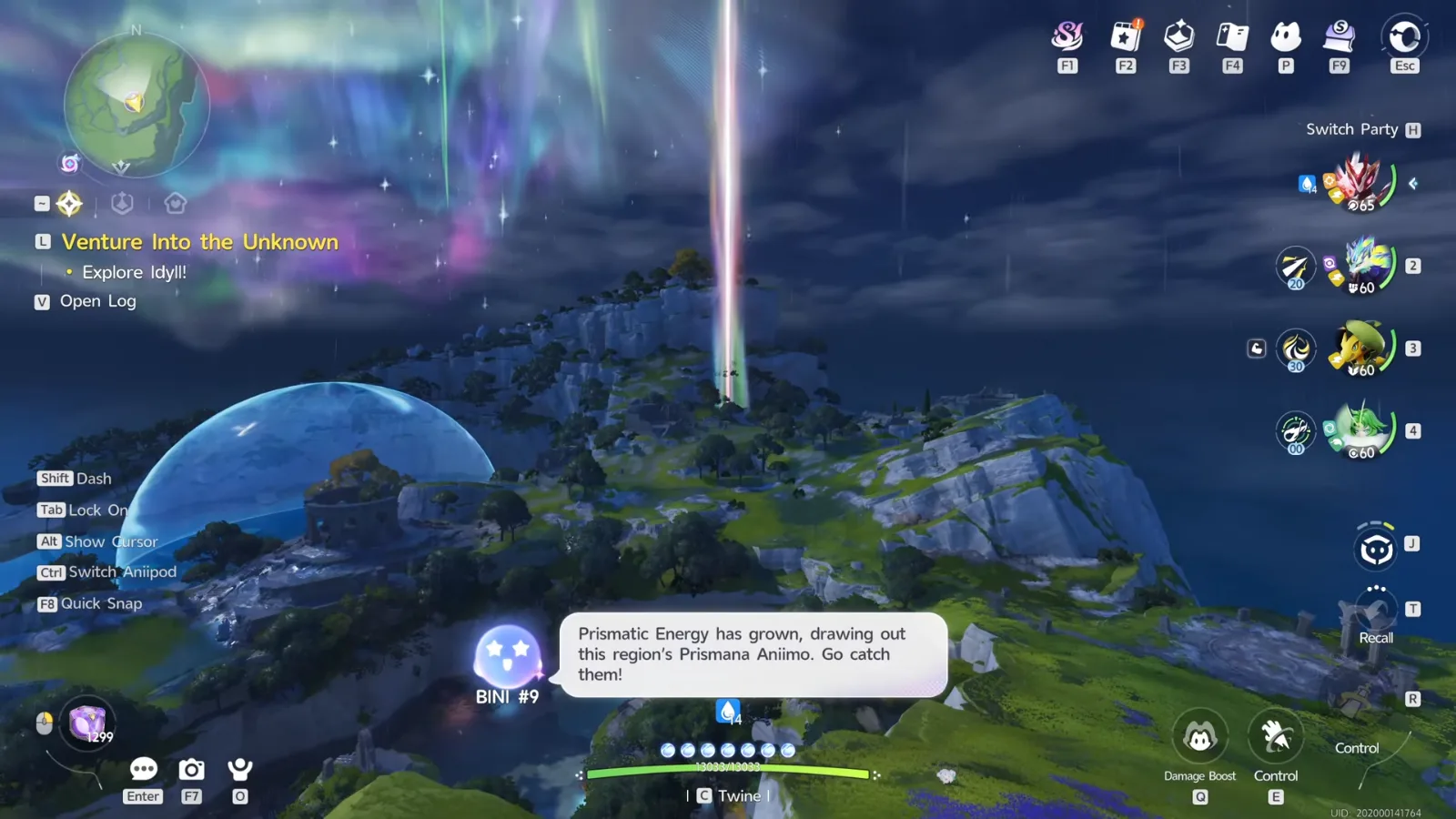 A Prismana Flow light pillar over a Crescent Bay ridge in Aniimo under an aurora, with BINI saying Prismatic Energy has grown, drawing out this region’s Prismana Aniimo
