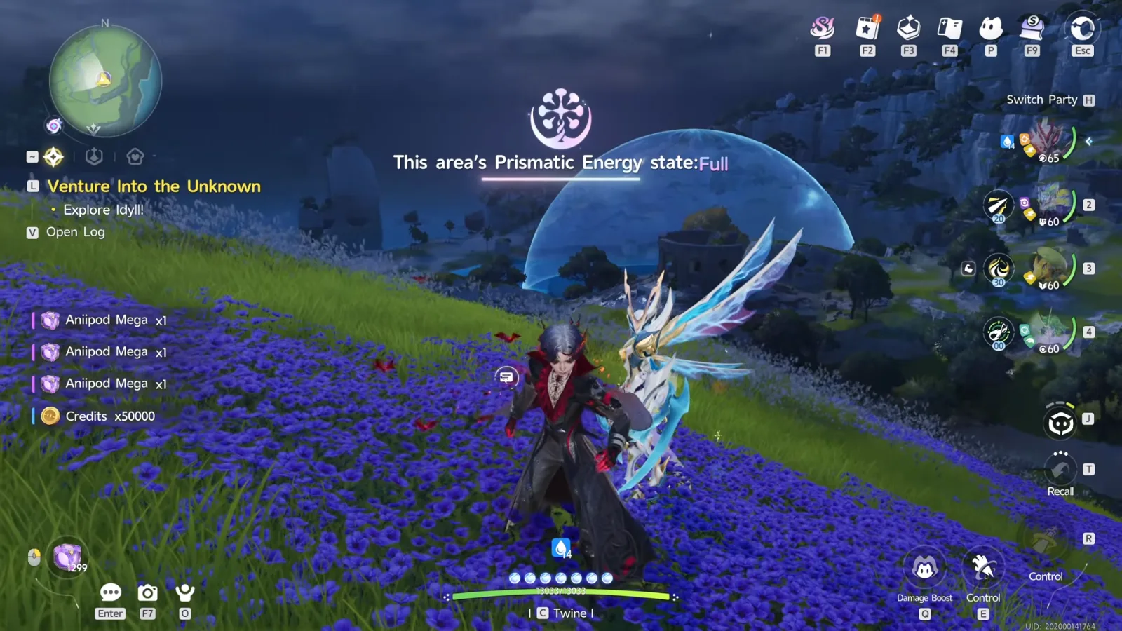 Aniimo popup This area’s Prismatic Energy state: Full over a Crescent Bay hillside, with three Aniipod Mega and 50000 Credits in the reward feed
