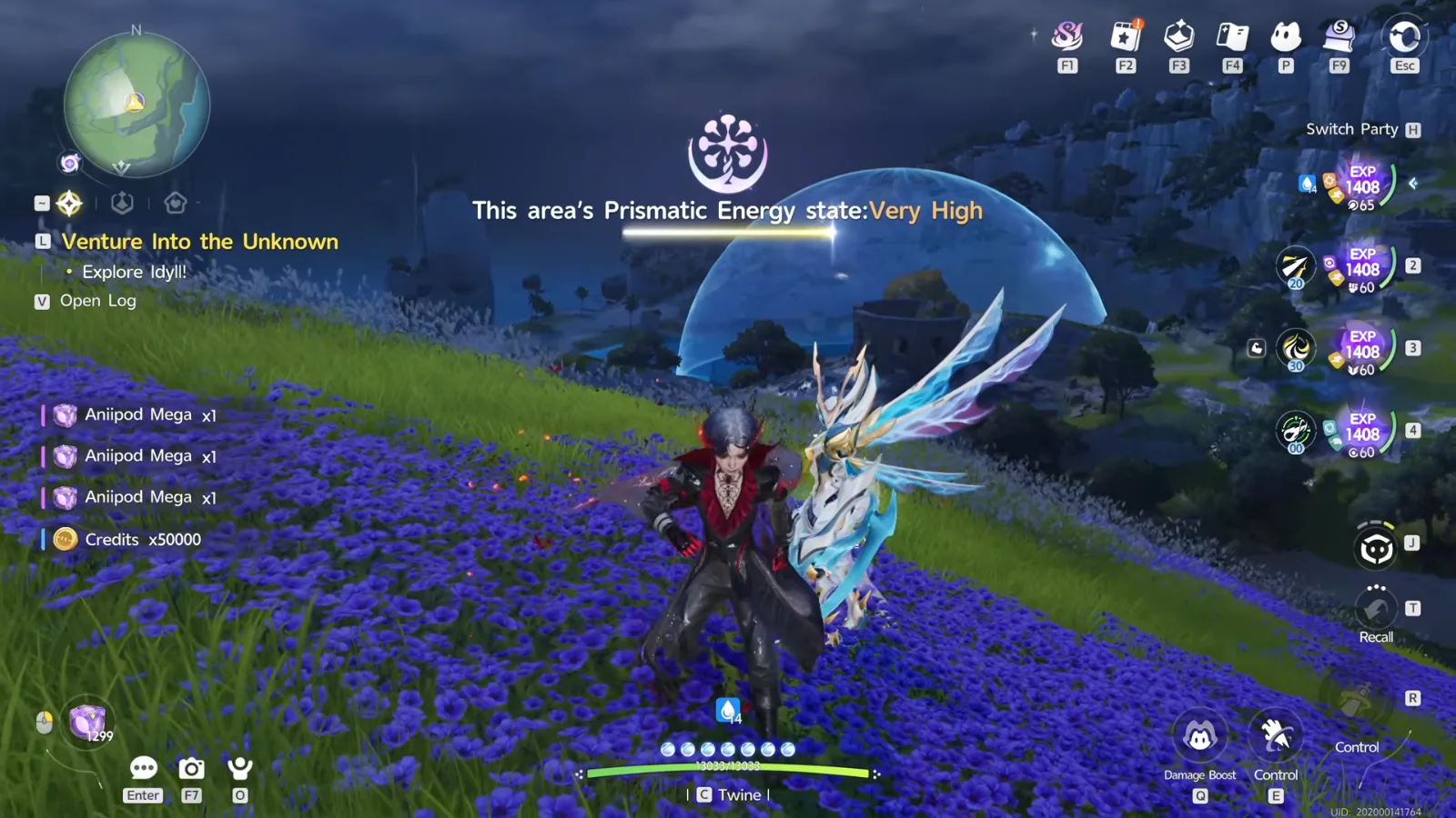 Aniimo popup This area’s Prismatic Energy state: Very High over a Crescent Bay hillside of blue flowers, with Aniipod Mega rewards in the feed on the left