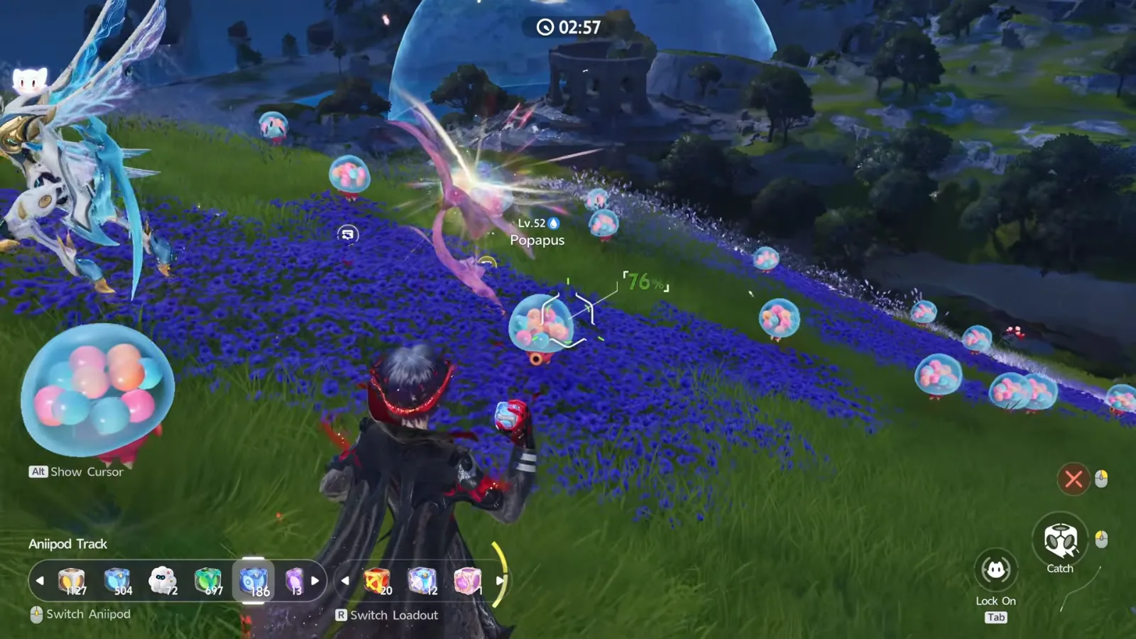 A Crescent Bay Wild Surge in Aniimo, a horde of Popapus in capsule bubbles across a slope, the timer at 02:57 and a Lv.52 Popapus targeted at 76%