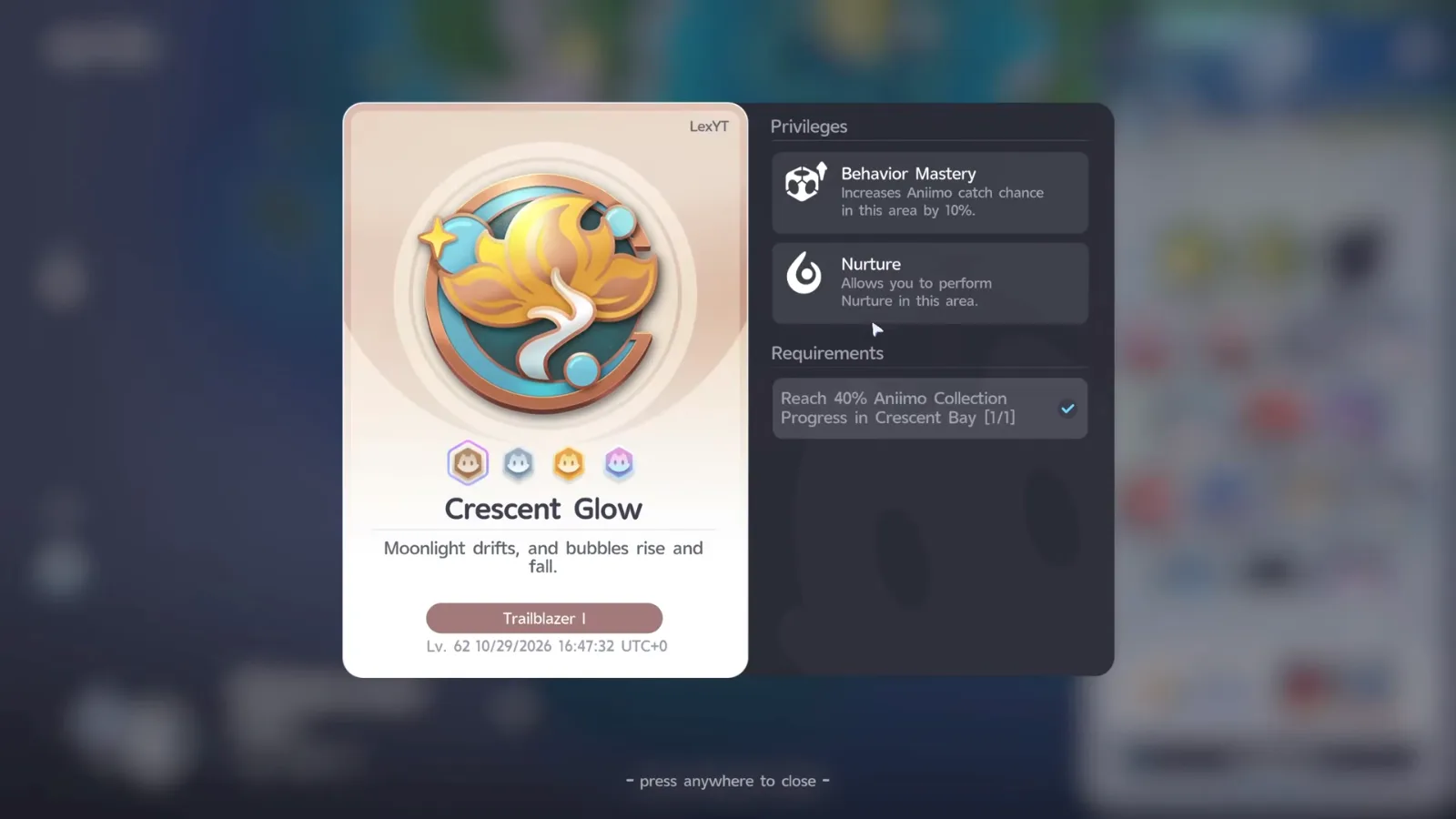 Aniimo Crescent Glow Bronze badge card with the Behavior Mastery and Nurture privileges and the requirement Reach 40% Aniimo Collection Progress in Crescent Bay