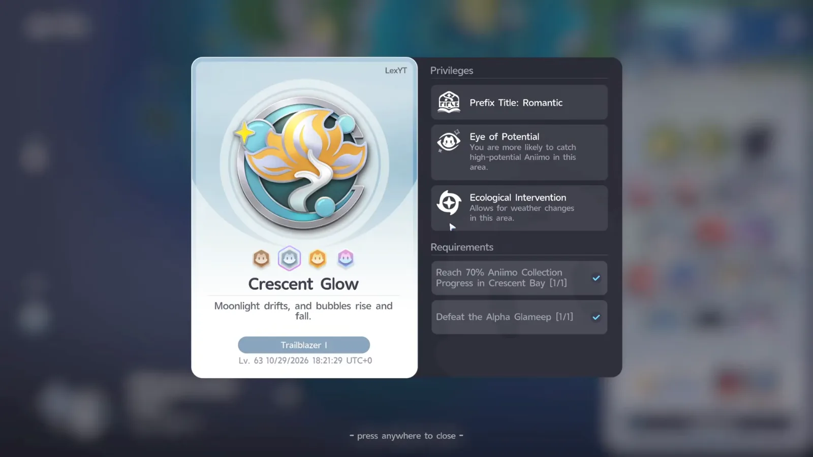 Aniimo Crescent Glow Silver badge card listing Prefix Title Romantic, Eye of Potential and Ecological Intervention, with 70% collection and Defeat the Alpha Glameep ticked