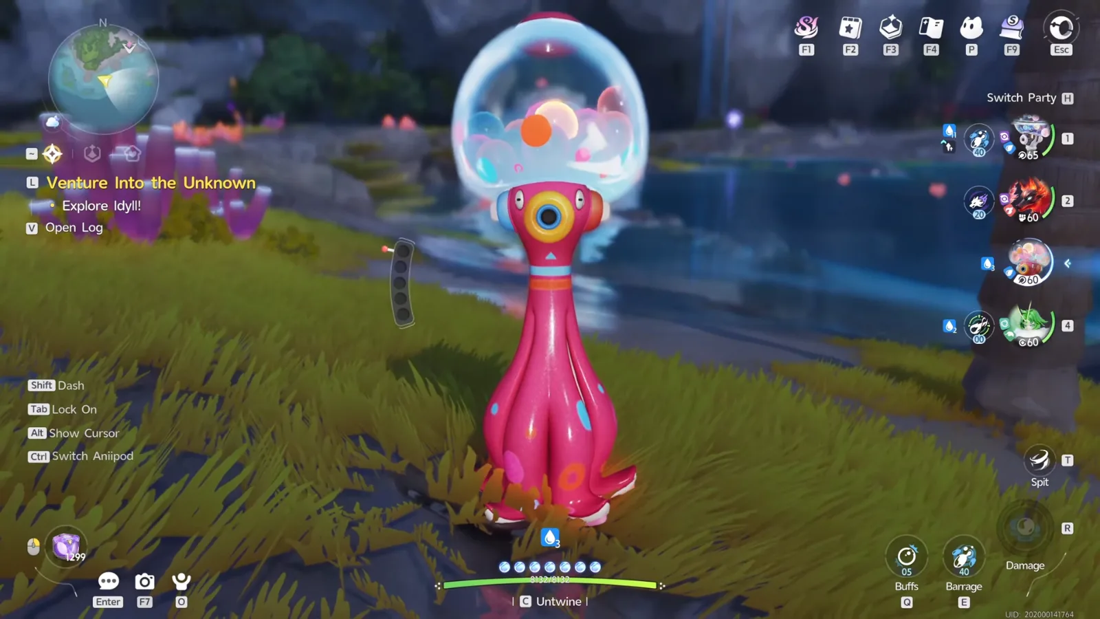 Basic Form Gachapus in Aniimo, a pink octopus with a clear glass dome of pastel capsule bubbles, standing on a Crescent Bay shore