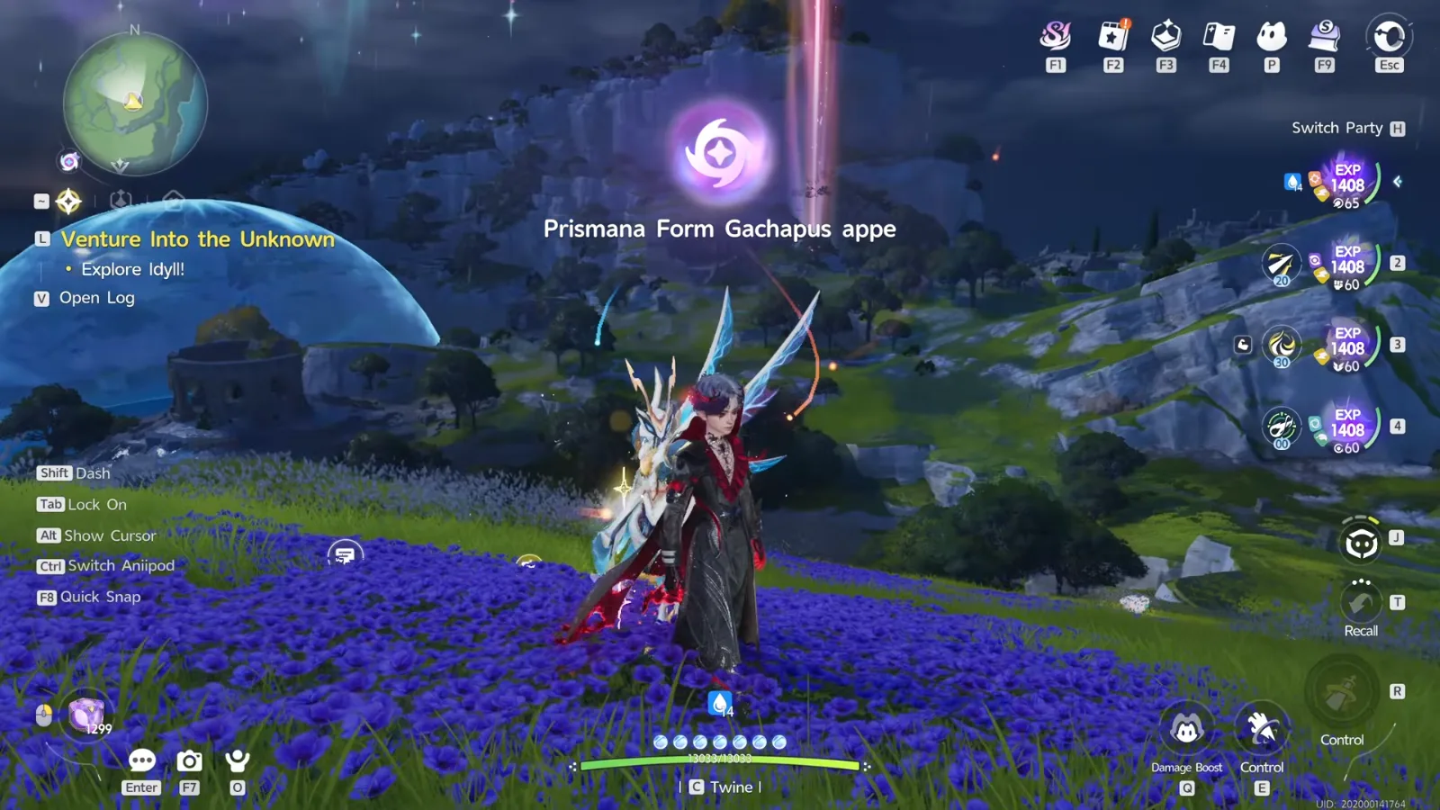 Aniimo banner Prismana Form Gachapus appears over a Crescent Bay hillside at night, a pink light pillar rising in the background behind Lex and his Aniimo