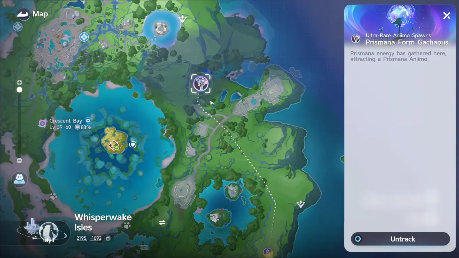 The Aniimo map tracking Prismana Form Gachapus, Ultra-Rare Aniimo Spawns, east of the Crescent Bay lagoon, with a dotted route from the Bloom and an Untrack button