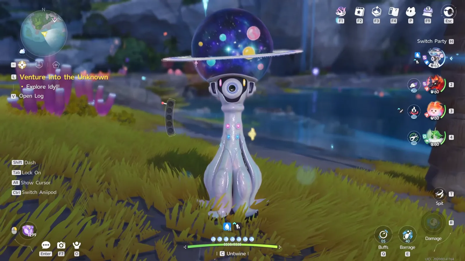 Prismana Gachapus in Aniimo standing on a Crescent Bay shore, a pearl-white octopus whose glass dome holds a galaxy, coloured planets and a ring