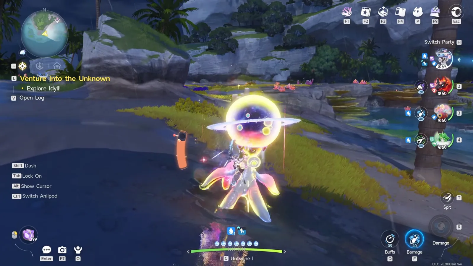 Prismana Gachapus in Aniimo glowing in rainbow colours during Jackpot on a Crescent Bay shore, with the Buffs and Barrage skills ready