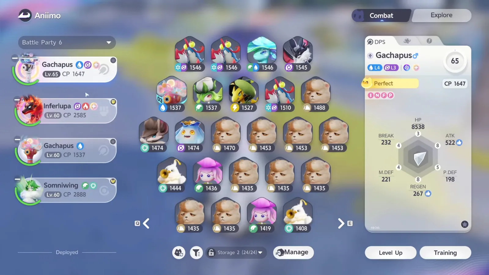 Aniimo party screen with Prismana Gachapus at Lv.65, CP 1647, Perfect, HP 8538 and ATK 522, above an ordinary Gachapus at Lv.60, CP 1537